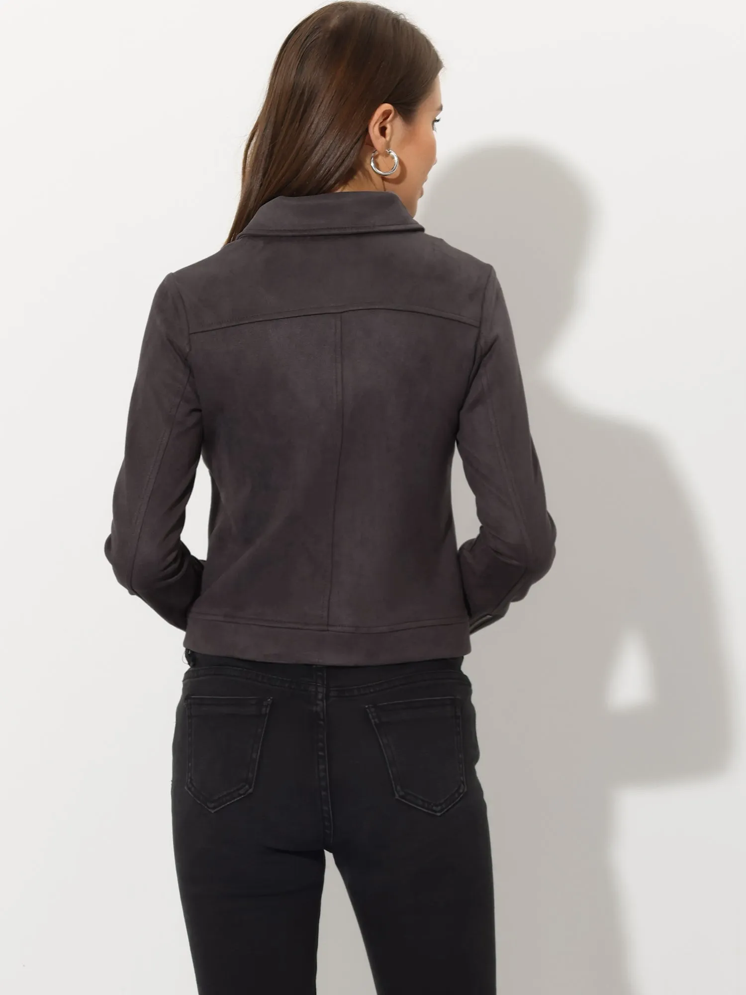 Casual Short Soft Zip Up Faux Suede Biker Moto Jacket