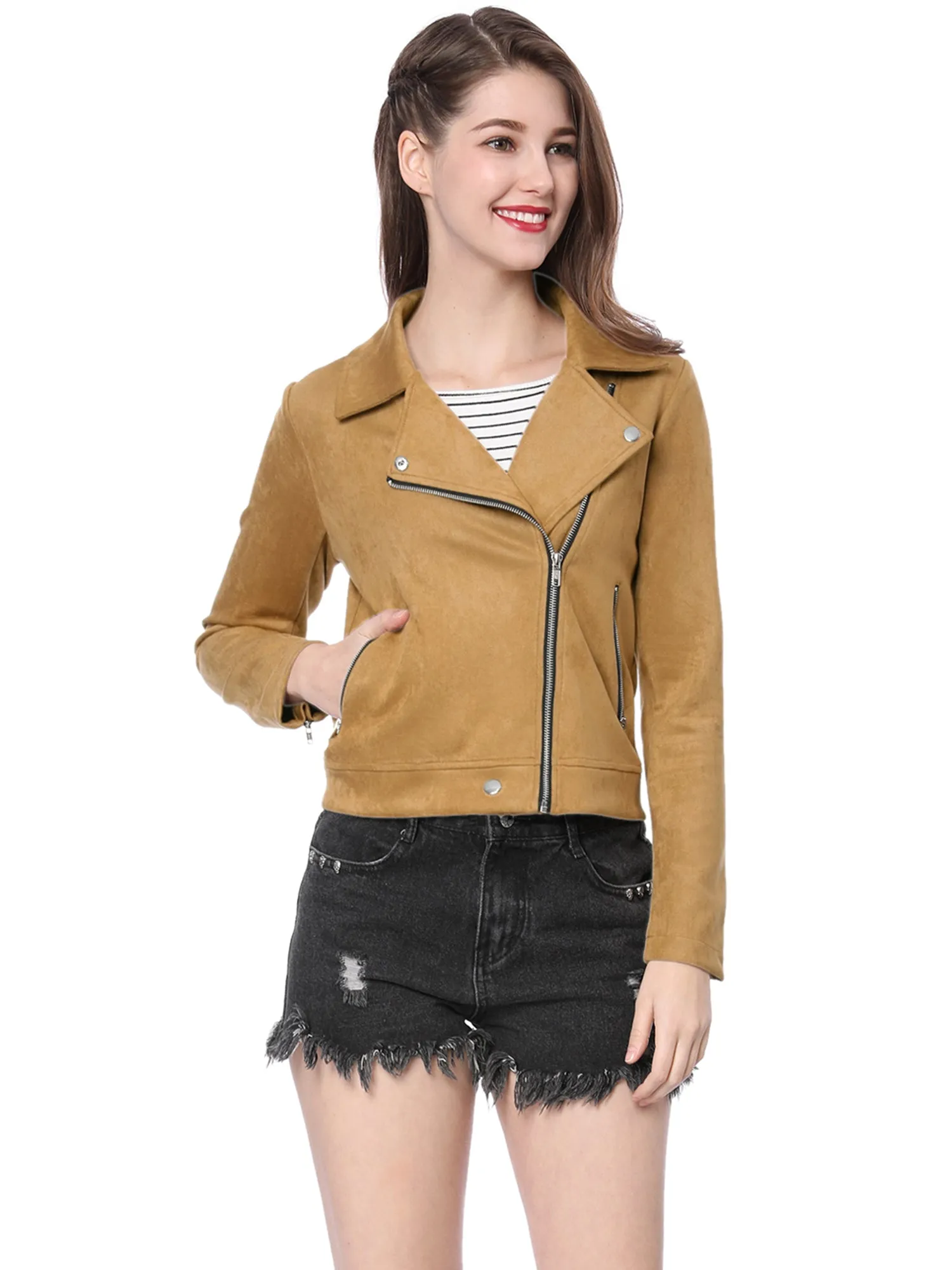 Casual Short Soft Zip Up Faux Suede Biker Moto Jacket
