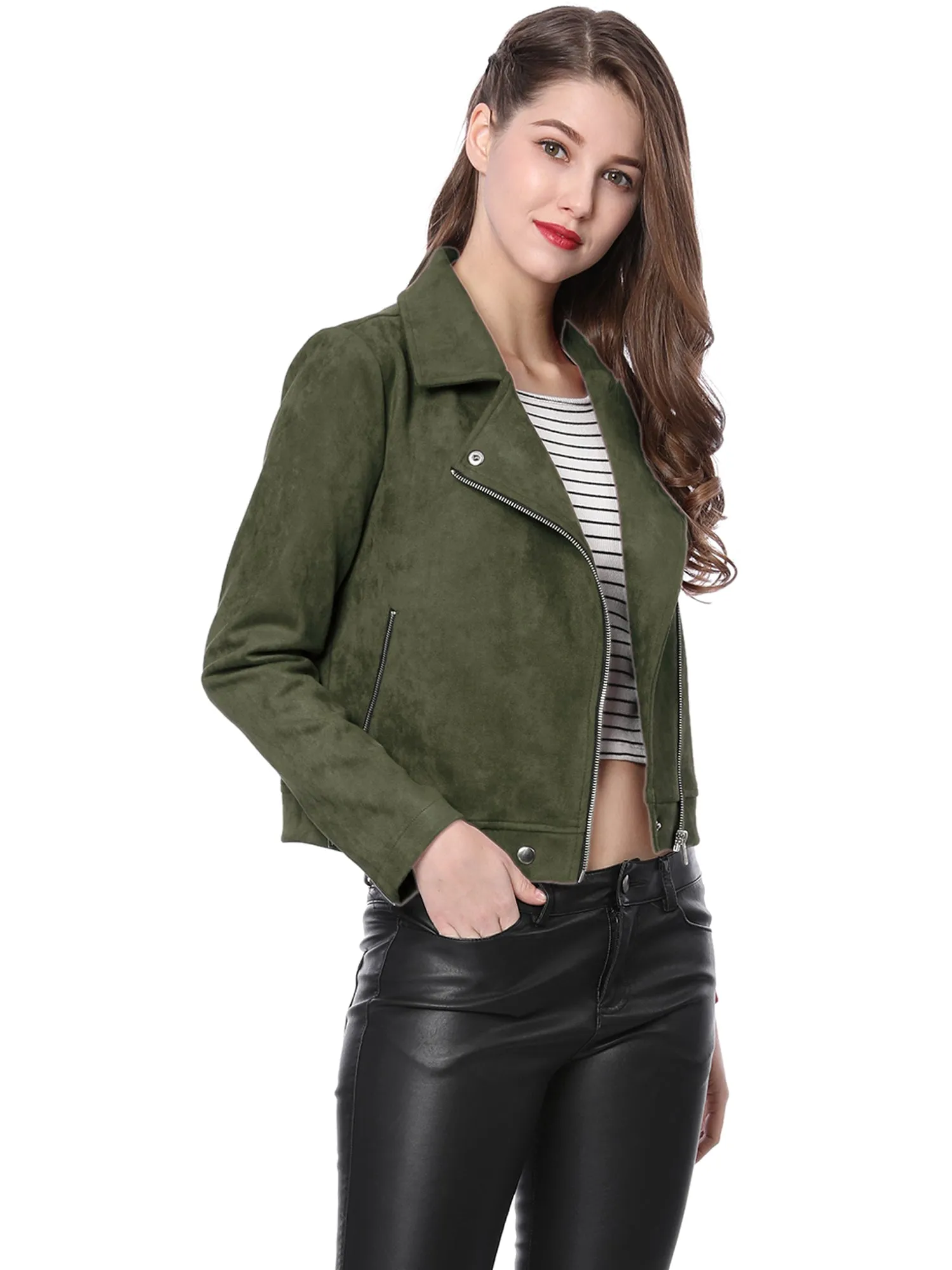 Casual Short Soft Zip Up Faux Suede Biker Moto Jacket
