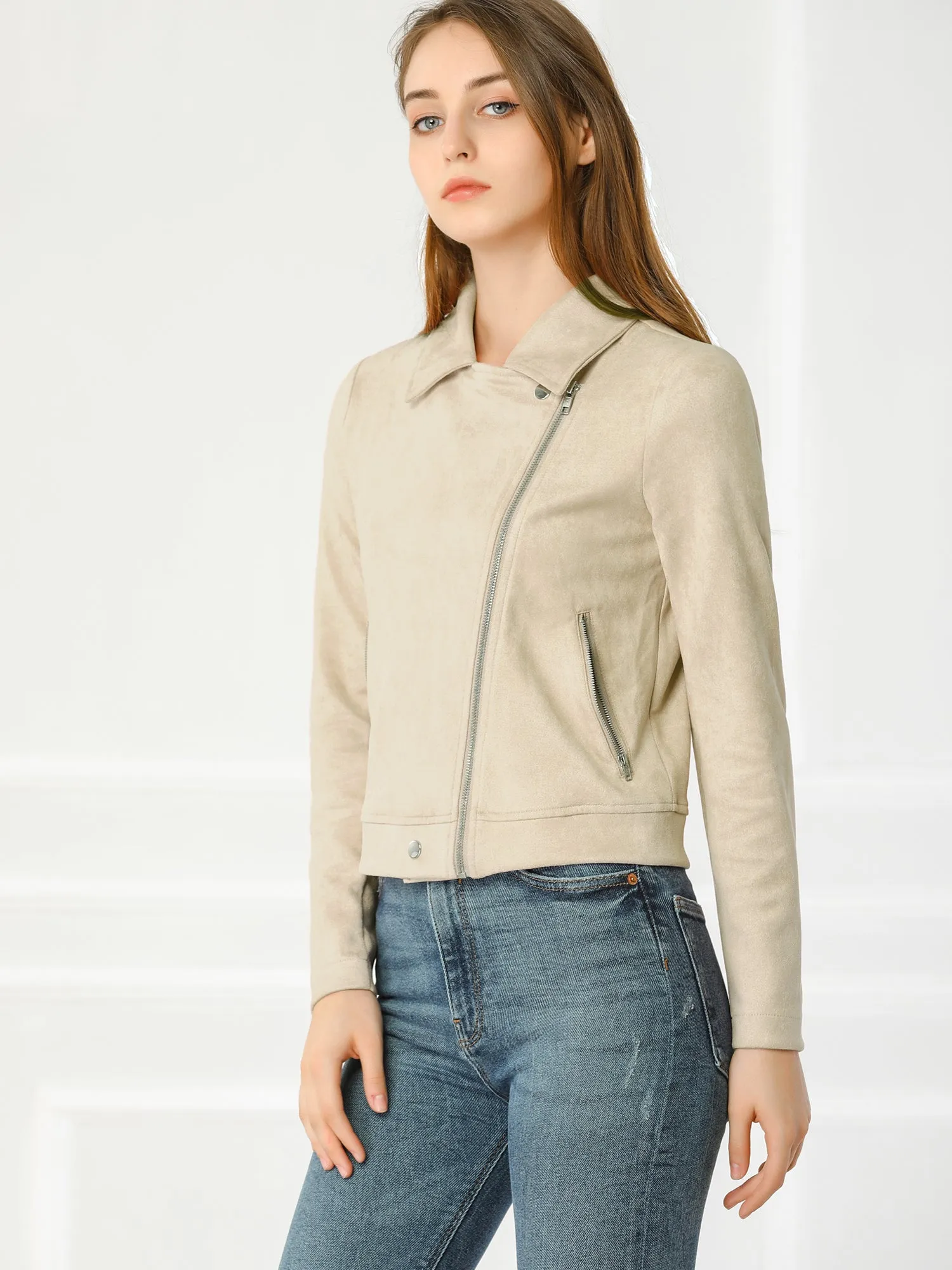 Casual Short Soft Zip Up Faux Suede Biker Moto Jacket