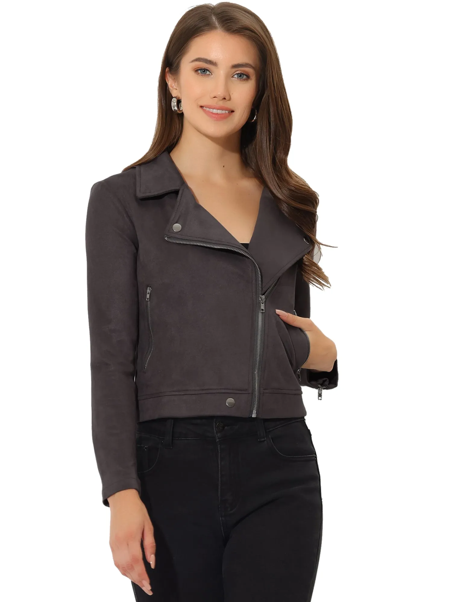 Casual Short Soft Zip Up Faux Suede Biker Moto Jacket