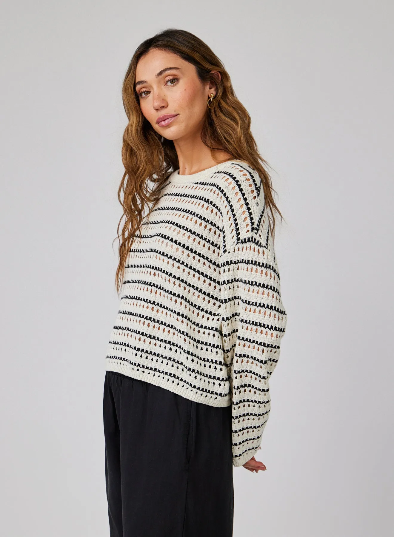 Crew Neck Sweater - Ivory & Black Stripes