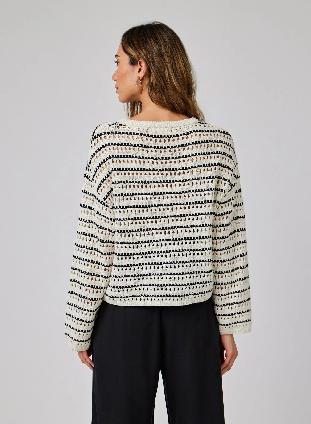 Crew Neck Sweater - Ivory & Black Stripes