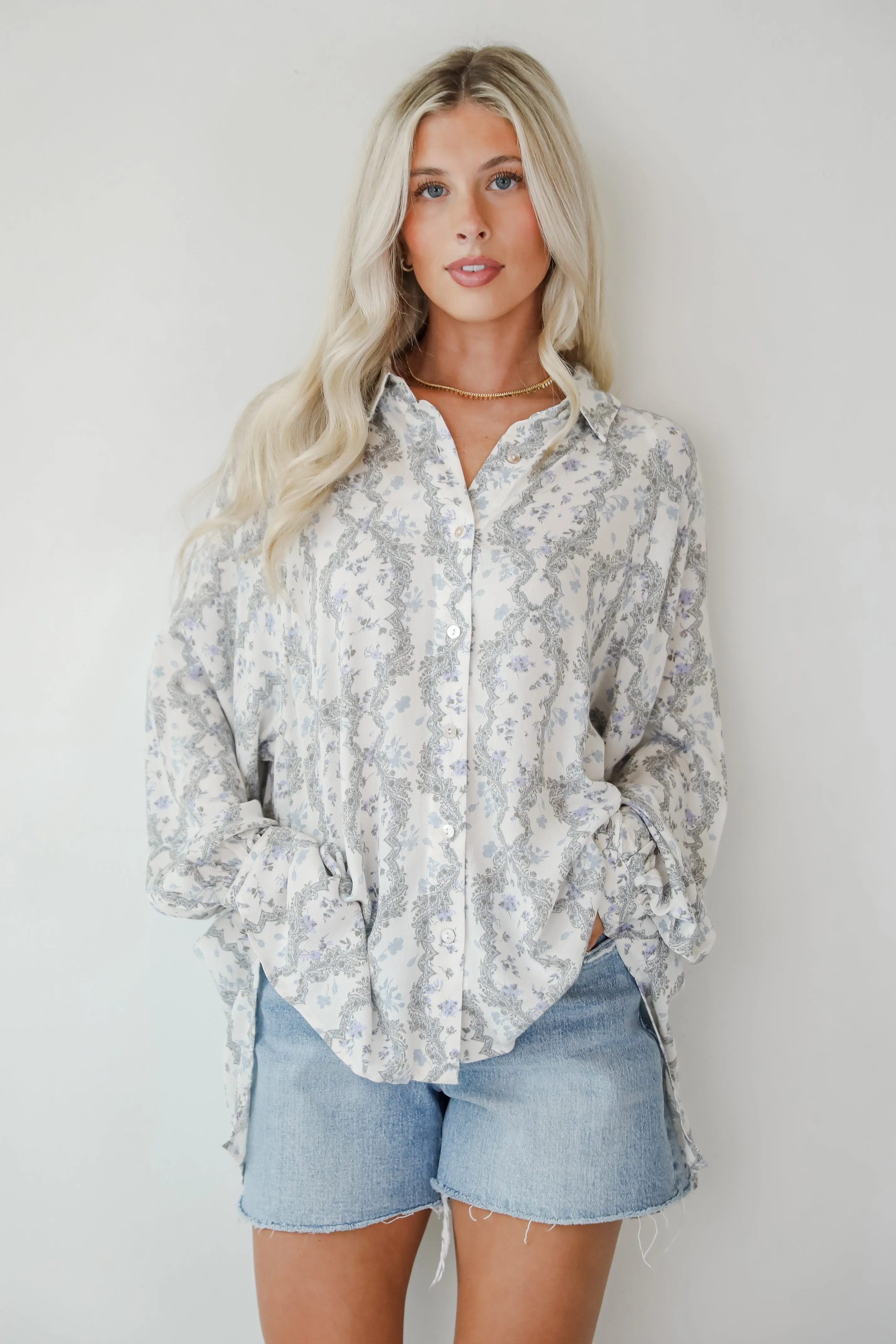 Divine Beauty Ivory Floral Button-Up Blouse