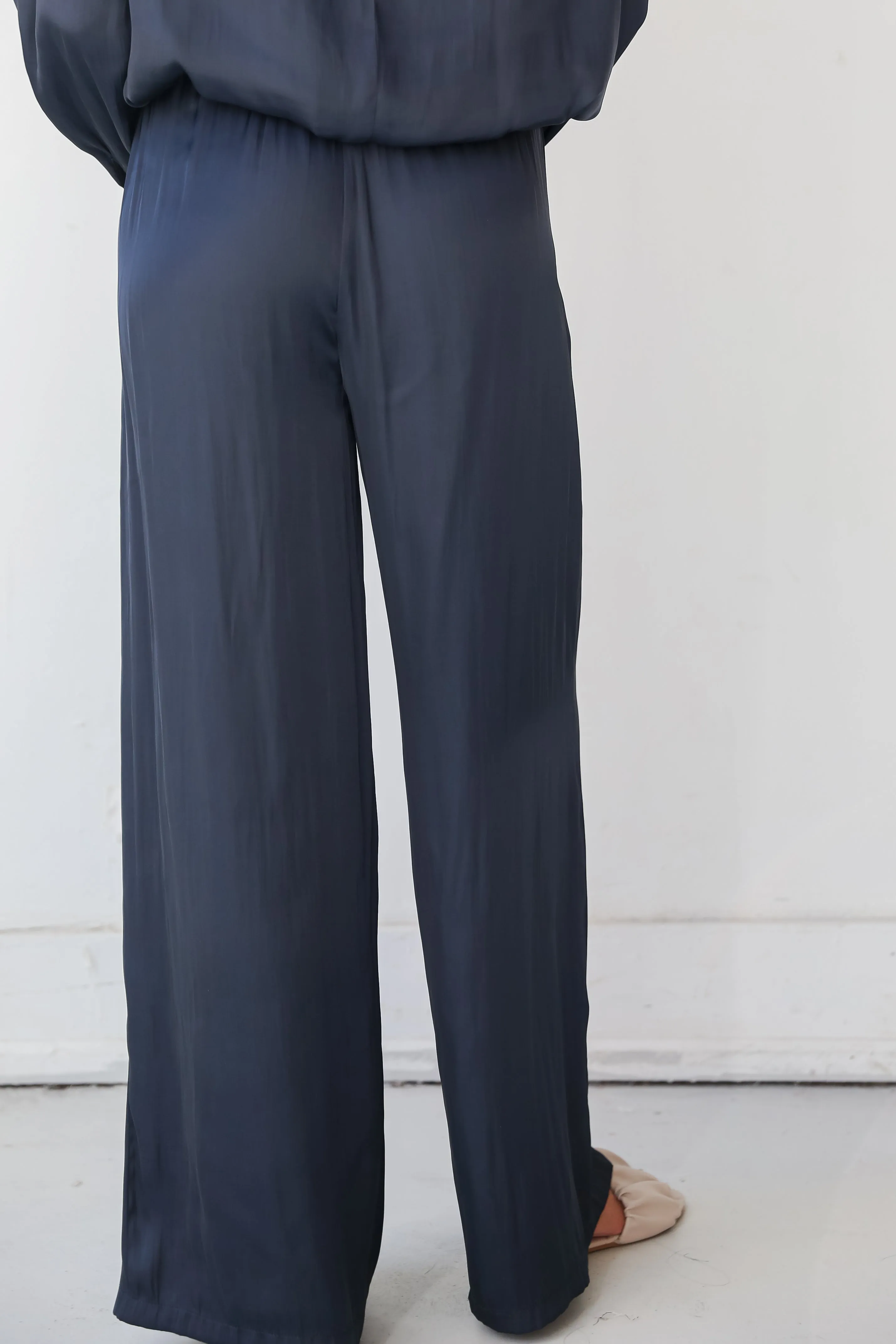 FINAL SALE - Covetable Charm Navy Satin Wide Leg Pants