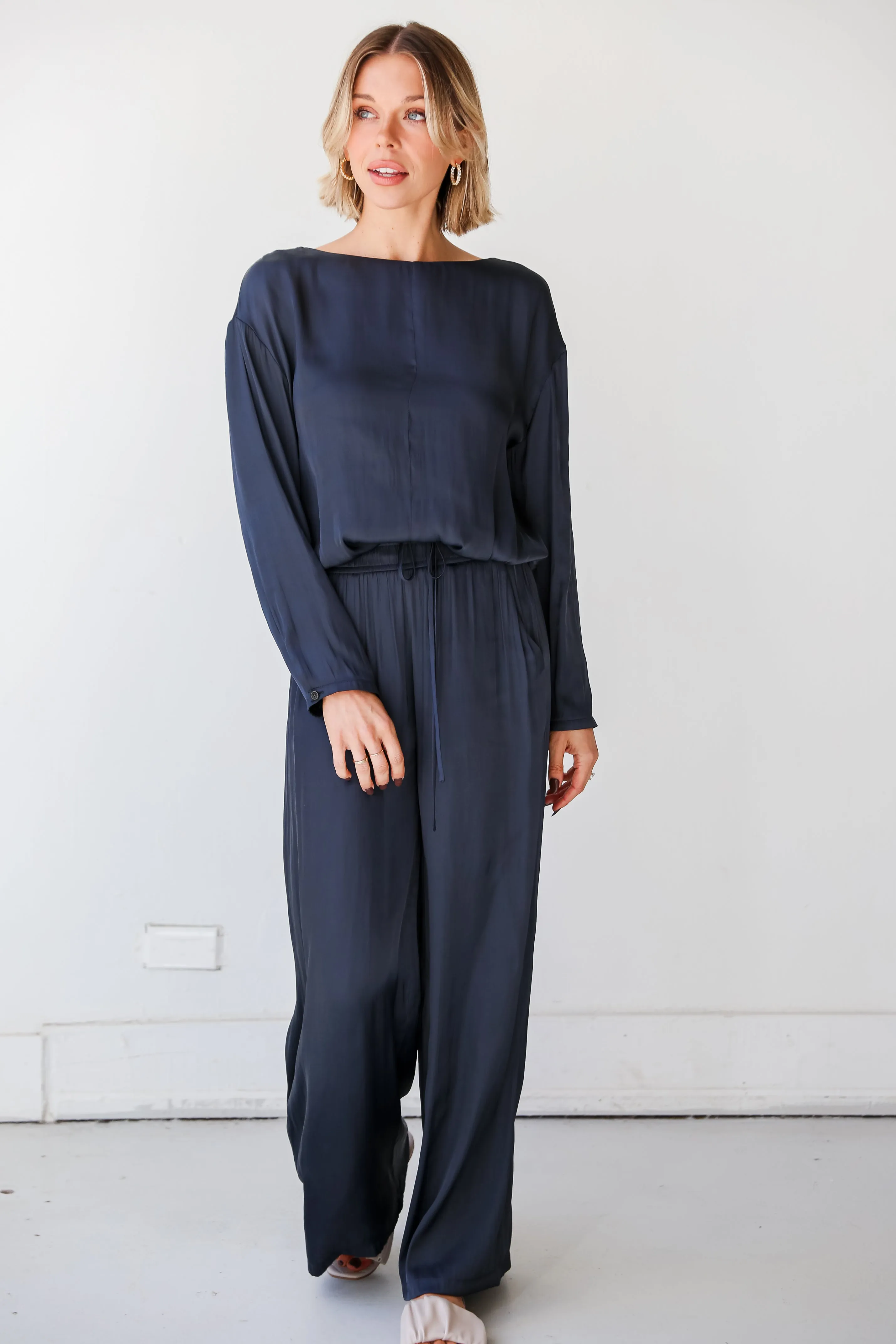 FINAL SALE - Covetable Charm Navy Satin Wide Leg Pants