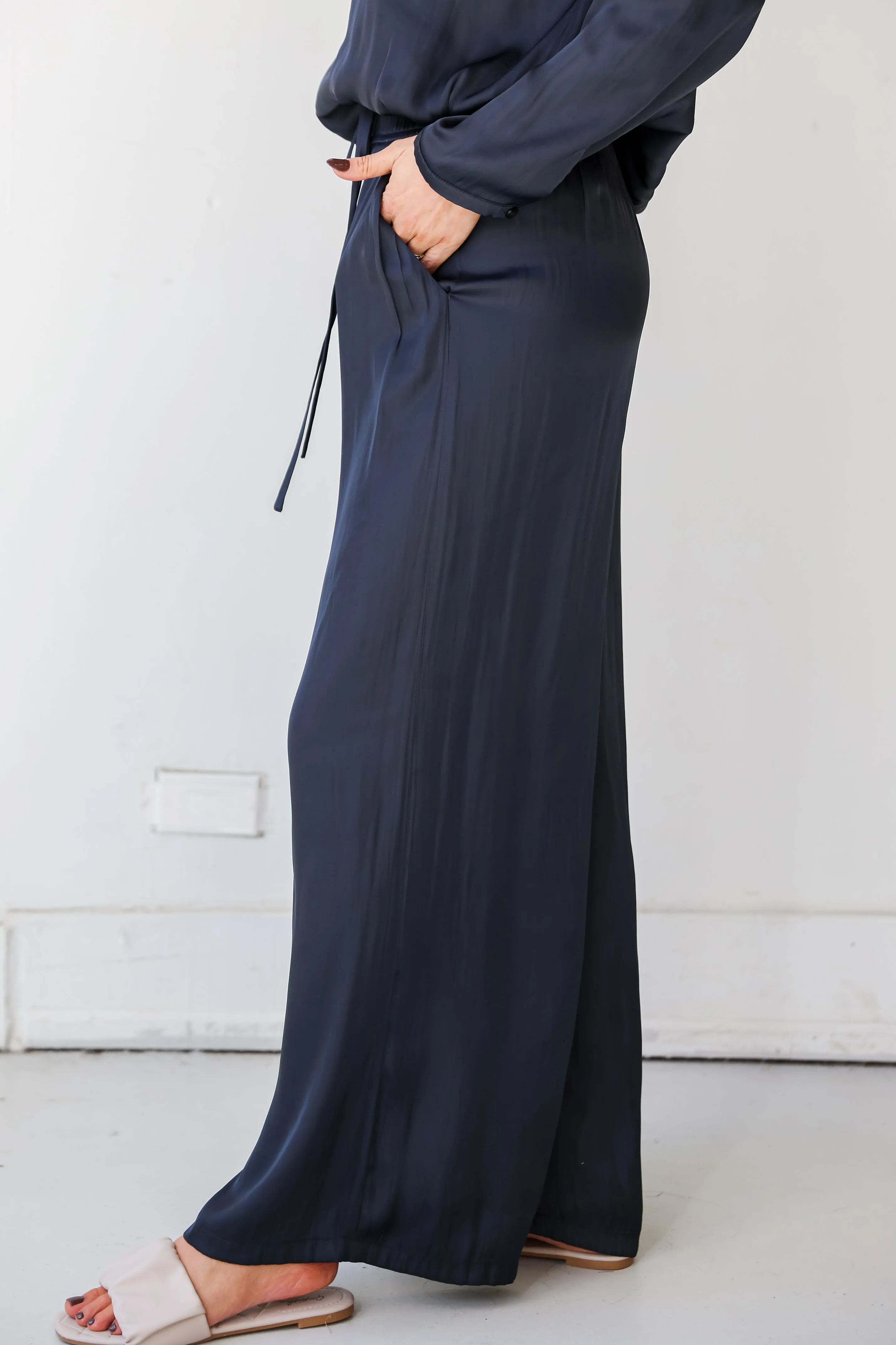 FINAL SALE - Covetable Charm Navy Satin Wide Leg Pants