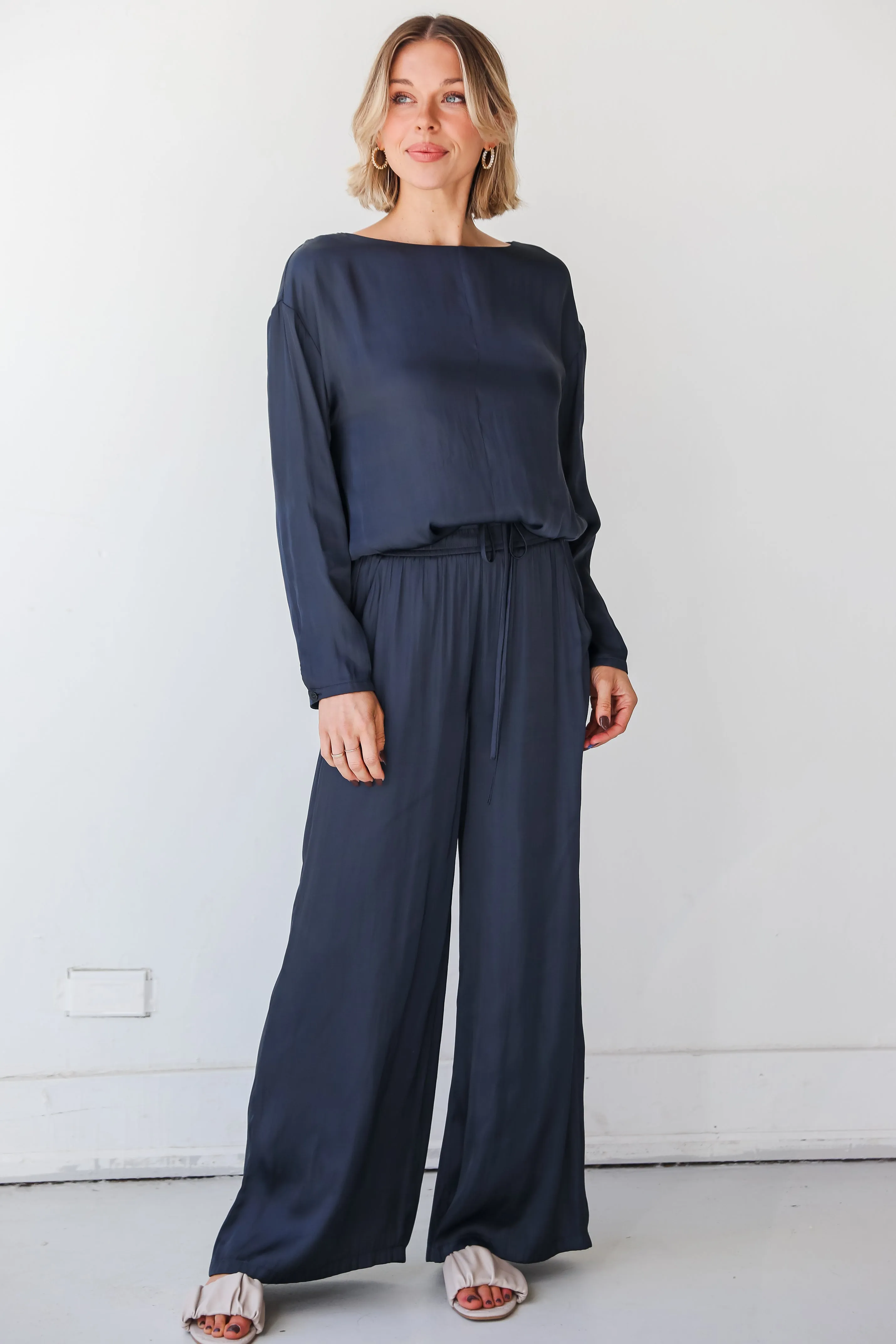 FINAL SALE - Covetable Charm Navy Satin Wide Leg Pants