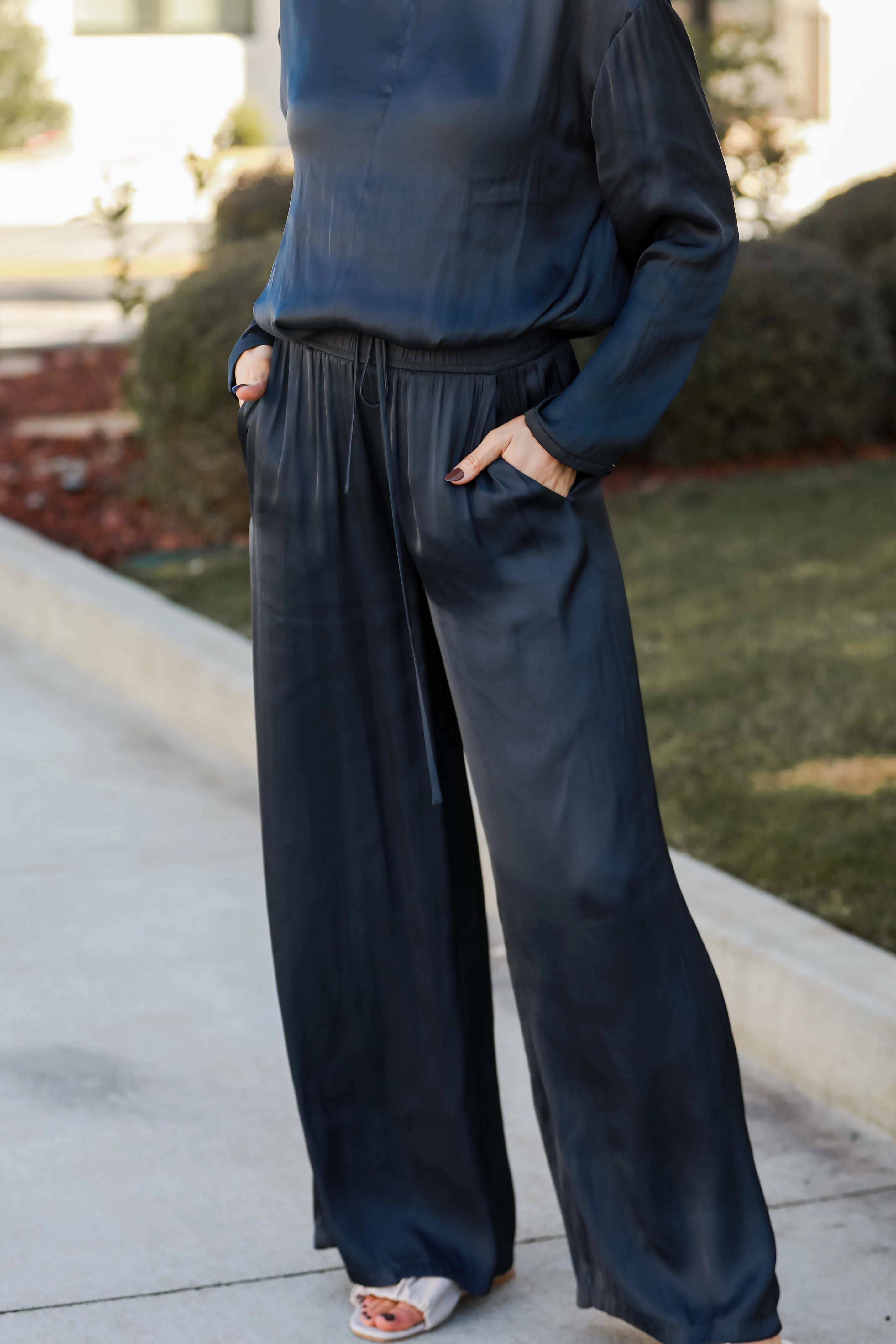 FINAL SALE - Covetable Charm Navy Satin Wide Leg Pants