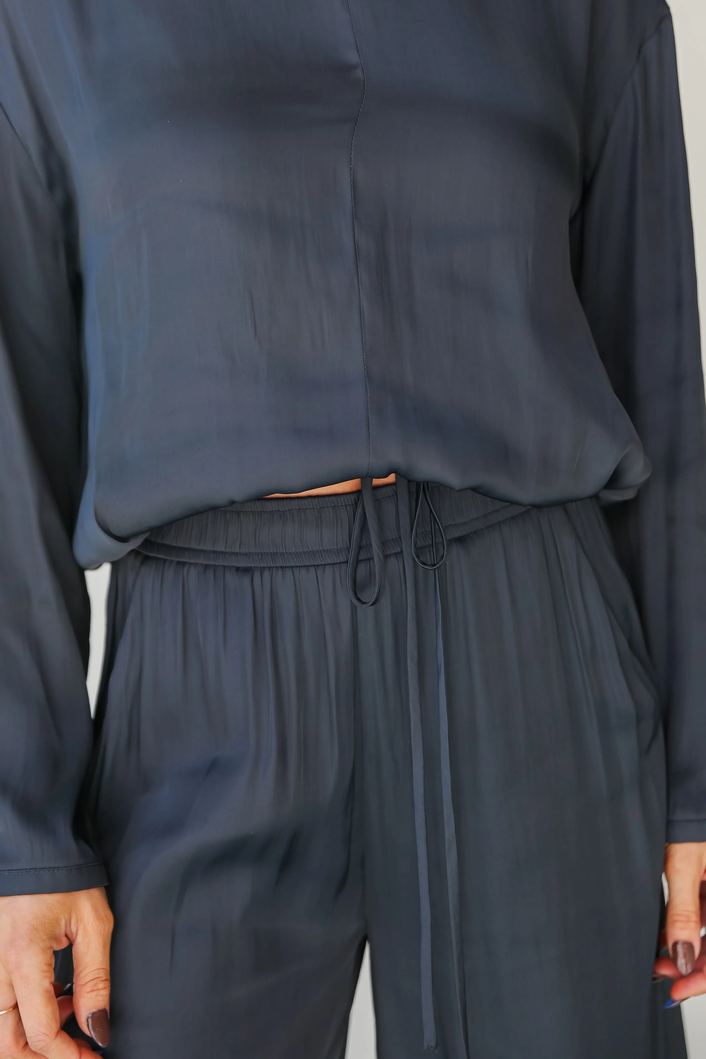 FINAL SALE - Covetable Charm Navy Satin Wide Leg Pants