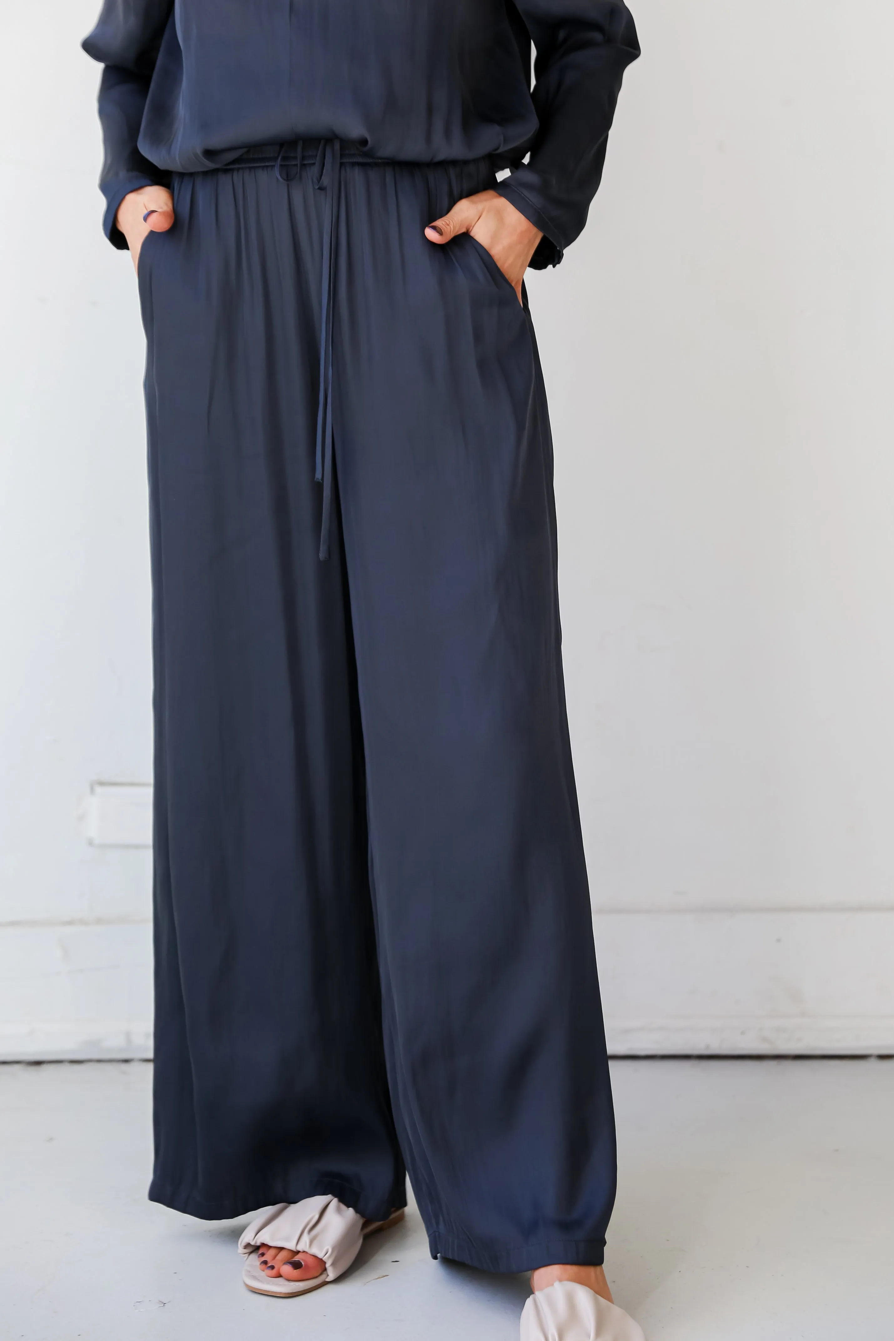FINAL SALE - Covetable Charm Navy Satin Wide Leg Pants