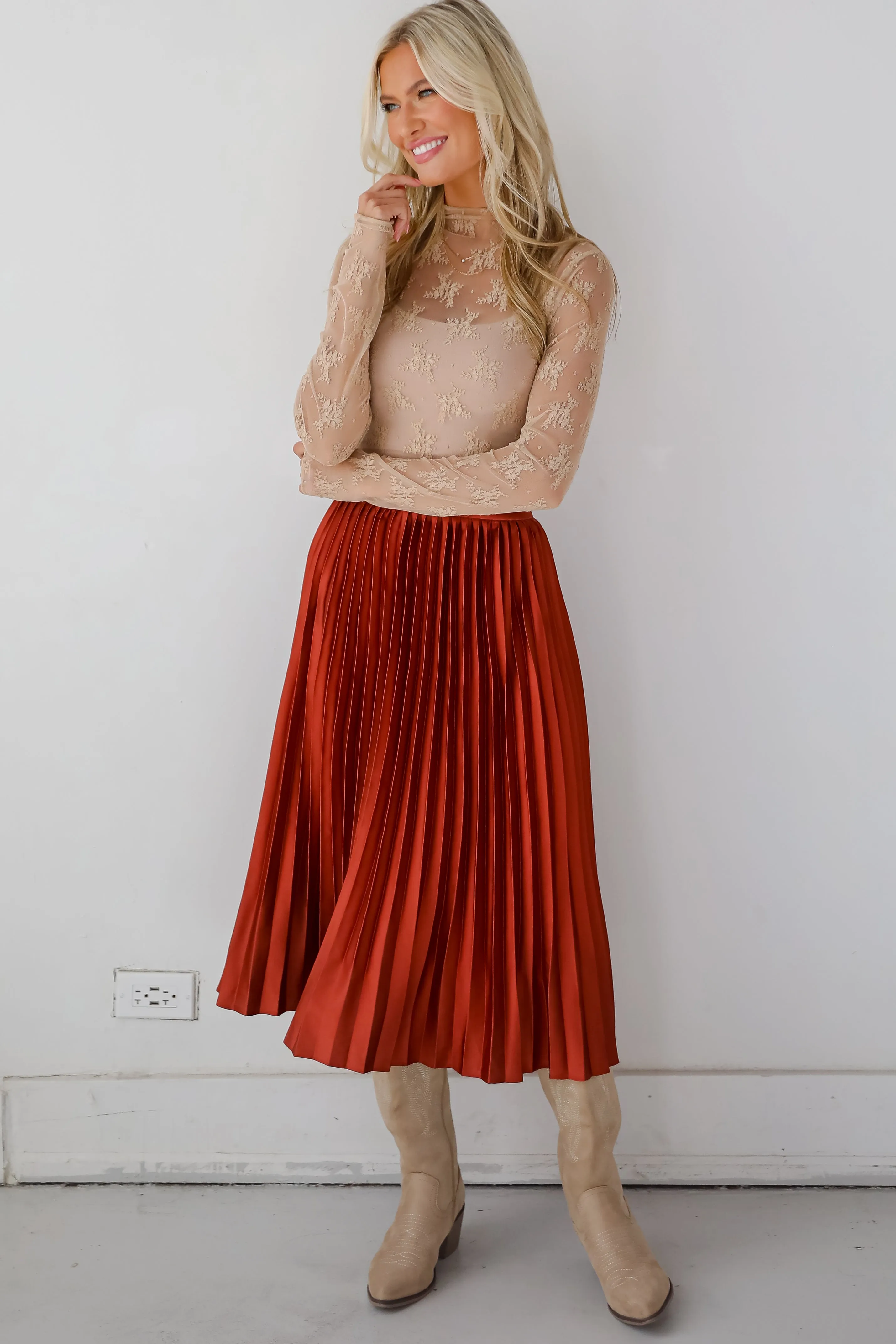 FINAL SALE - Fabulous Always Rust Satin Pleated Midi Skirt