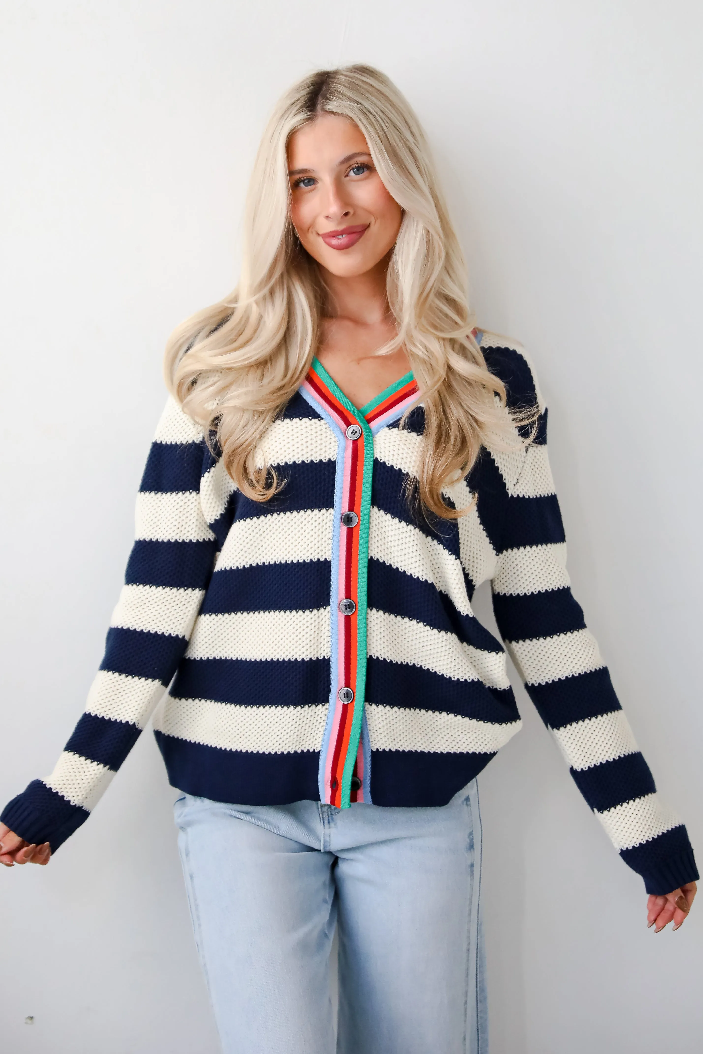 FINAL SALE - Limitless Radiance Navy Striped Sweater Cardigan