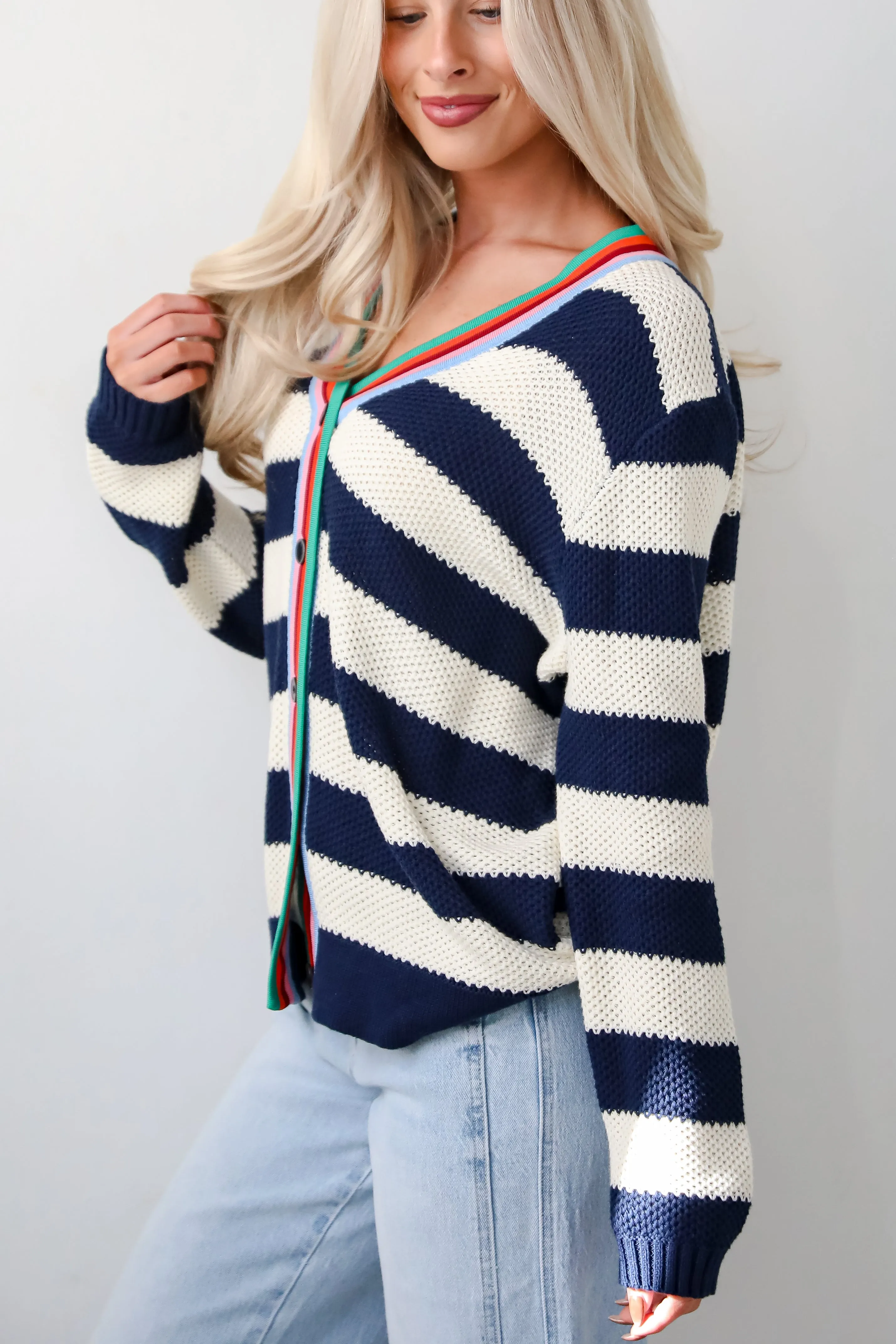 FINAL SALE - Limitless Radiance Navy Striped Sweater Cardigan
