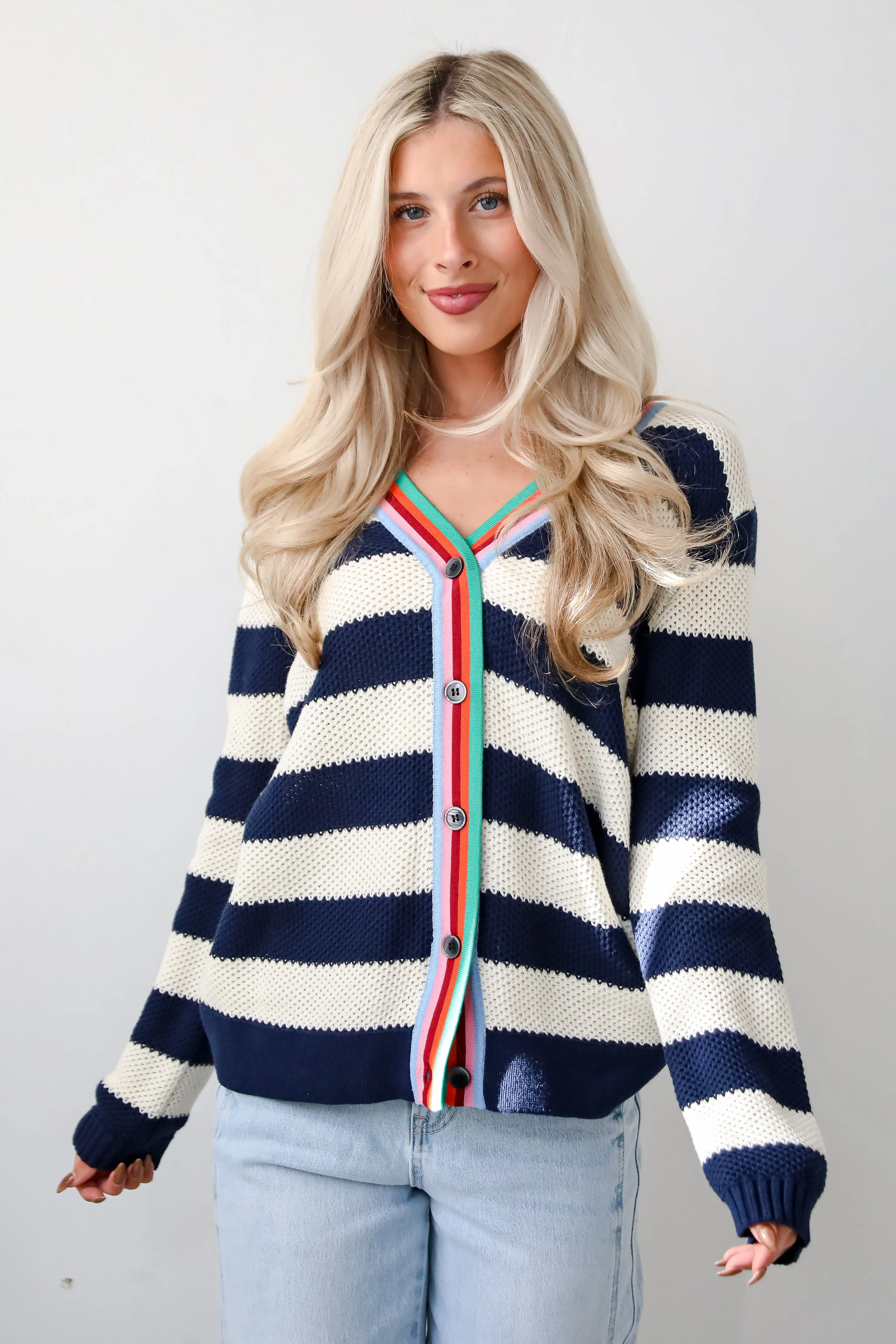 FINAL SALE - Limitless Radiance Navy Striped Sweater Cardigan