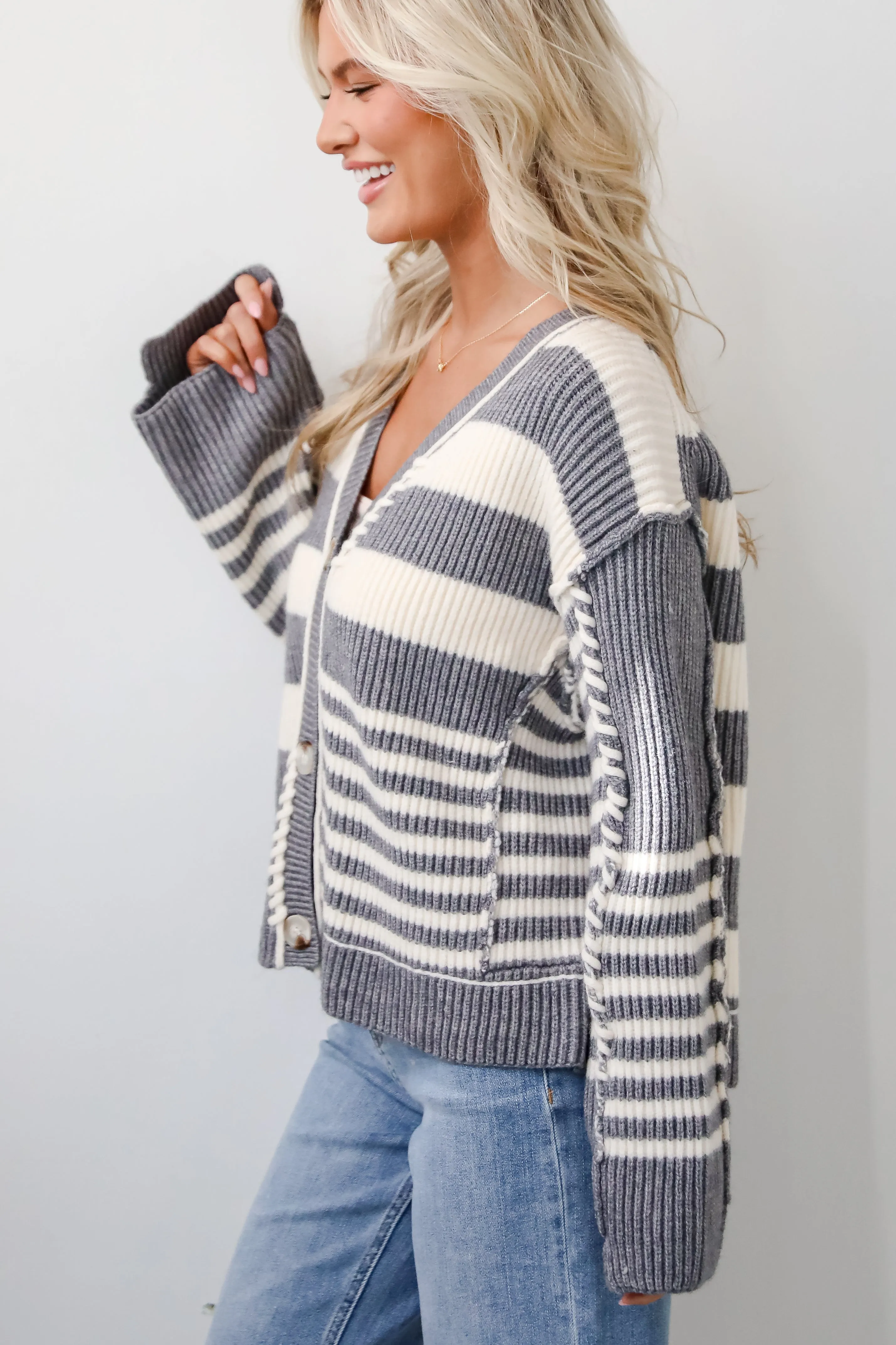 FINAL SALE - Noteworthy Charisma Grey Striped Sweater Cardigan