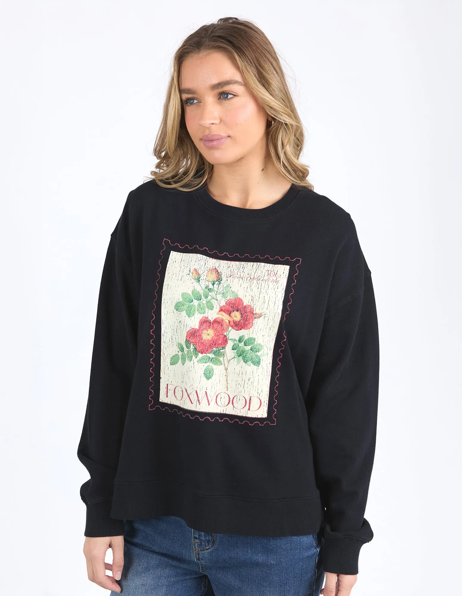 Foxwood Stamped Floral Crew Black