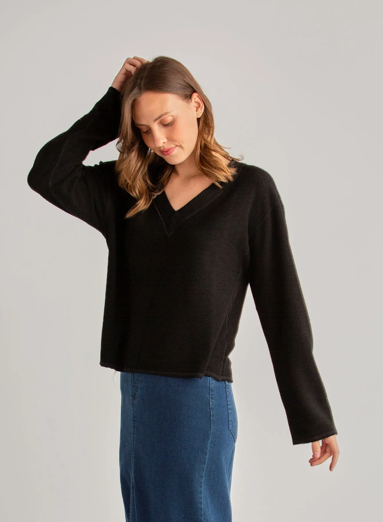 French Terry Bell Sleeve V-Neck Pullover - Black