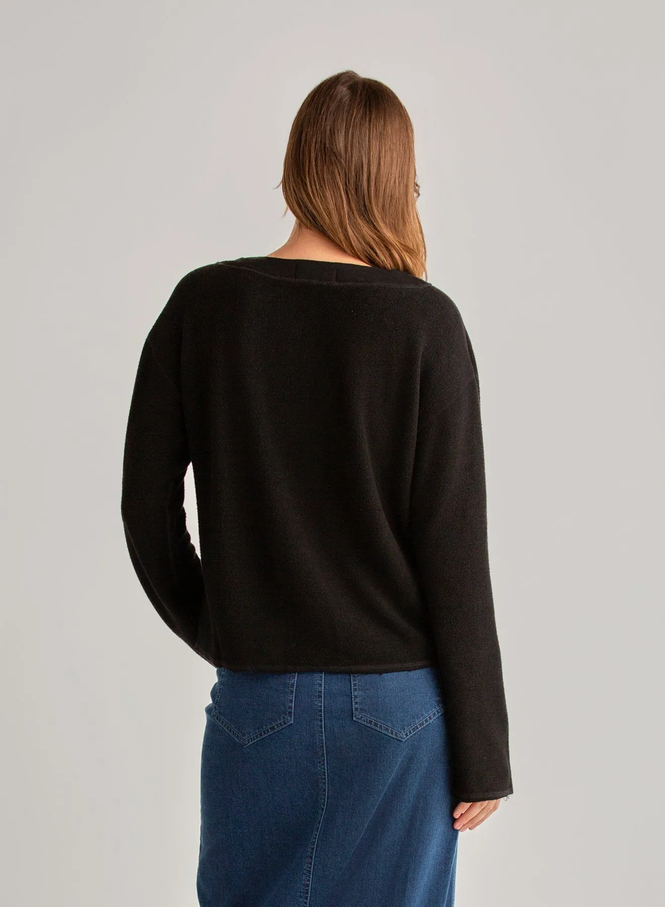 French Terry Bell Sleeve V-Neck Pullover - Black
