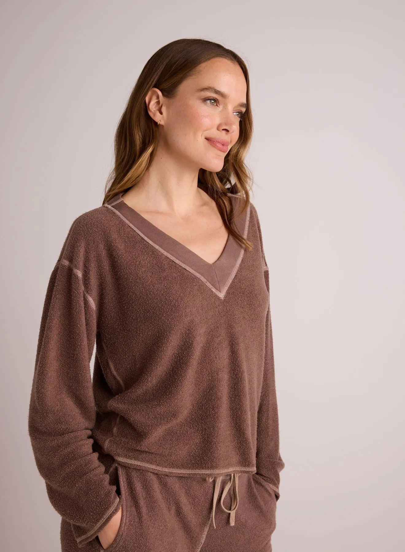 French Terry Bell Sleeve V-Neck Pullover - Mocha Mist