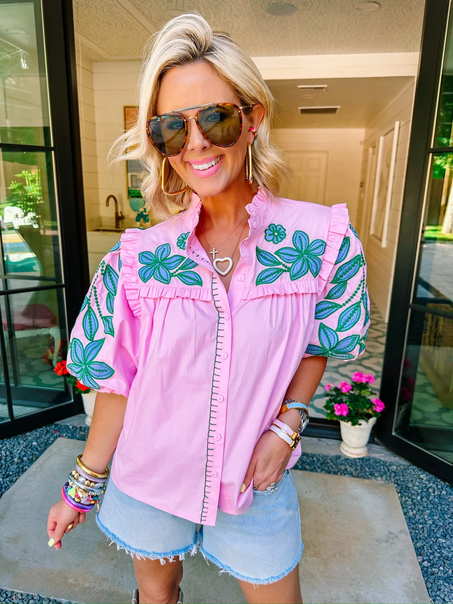GARDEN FRESH FLORAL EMBROIDERED TOP - PINK