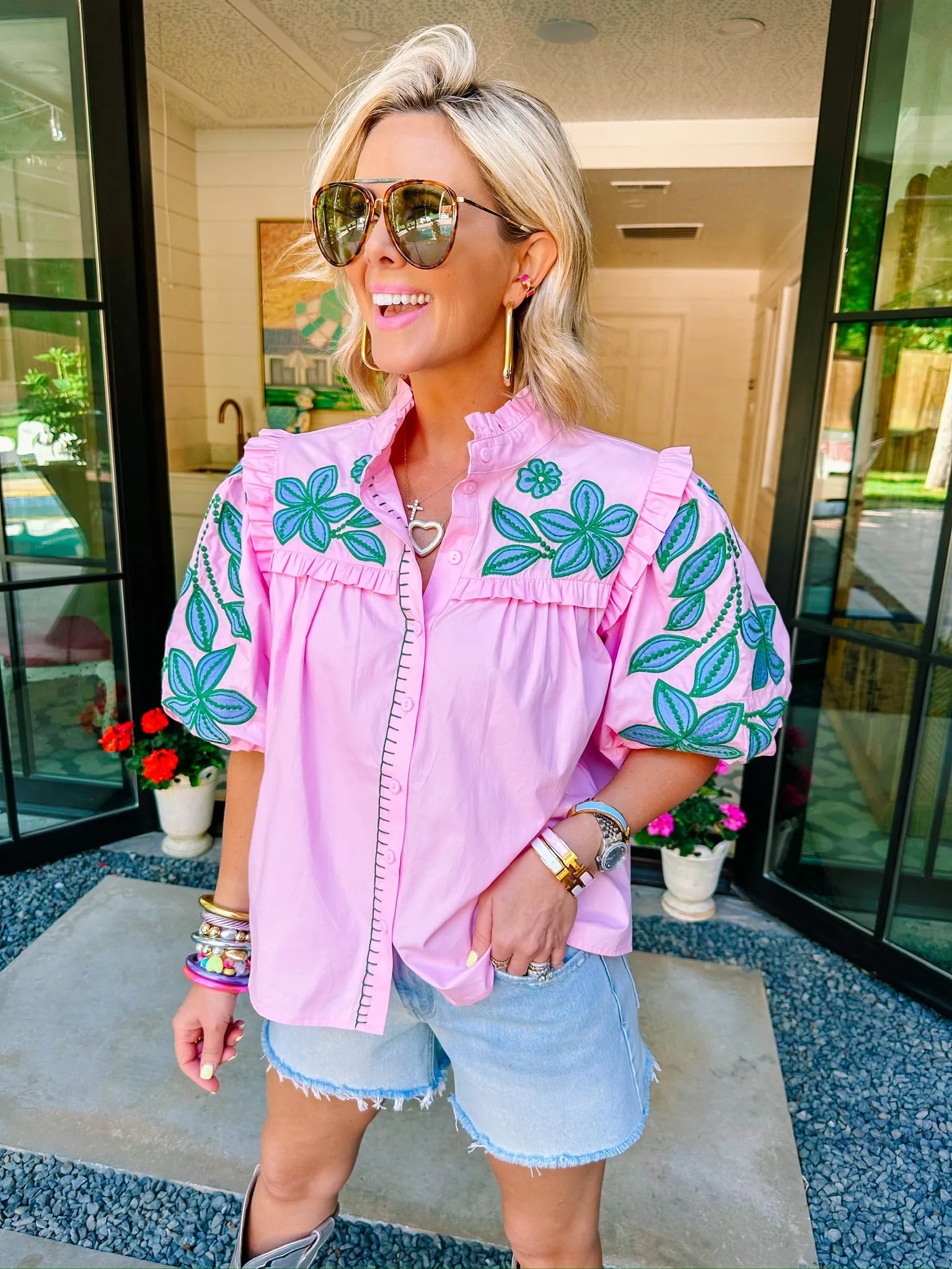 GARDEN FRESH FLORAL EMBROIDERED TOP - PINK