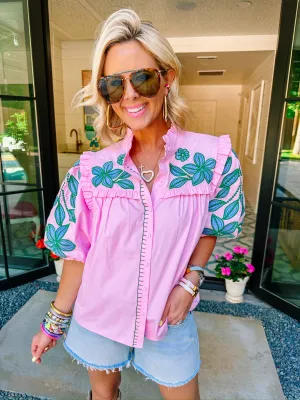 GARDEN FRESH FLORAL EMBROIDERED TOP - PINK