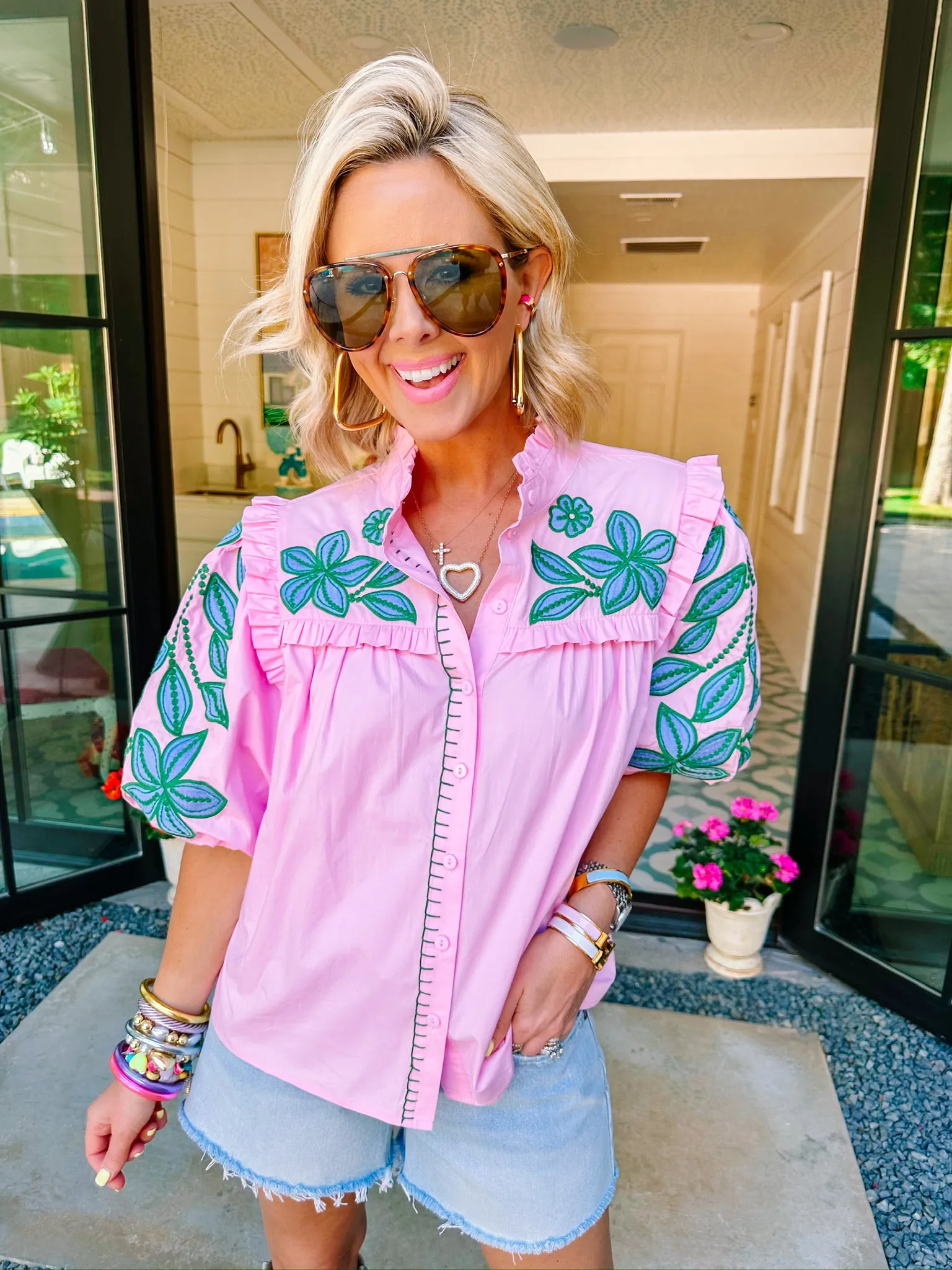 GARDEN FRESH FLORAL EMBROIDERED TOP - PINK