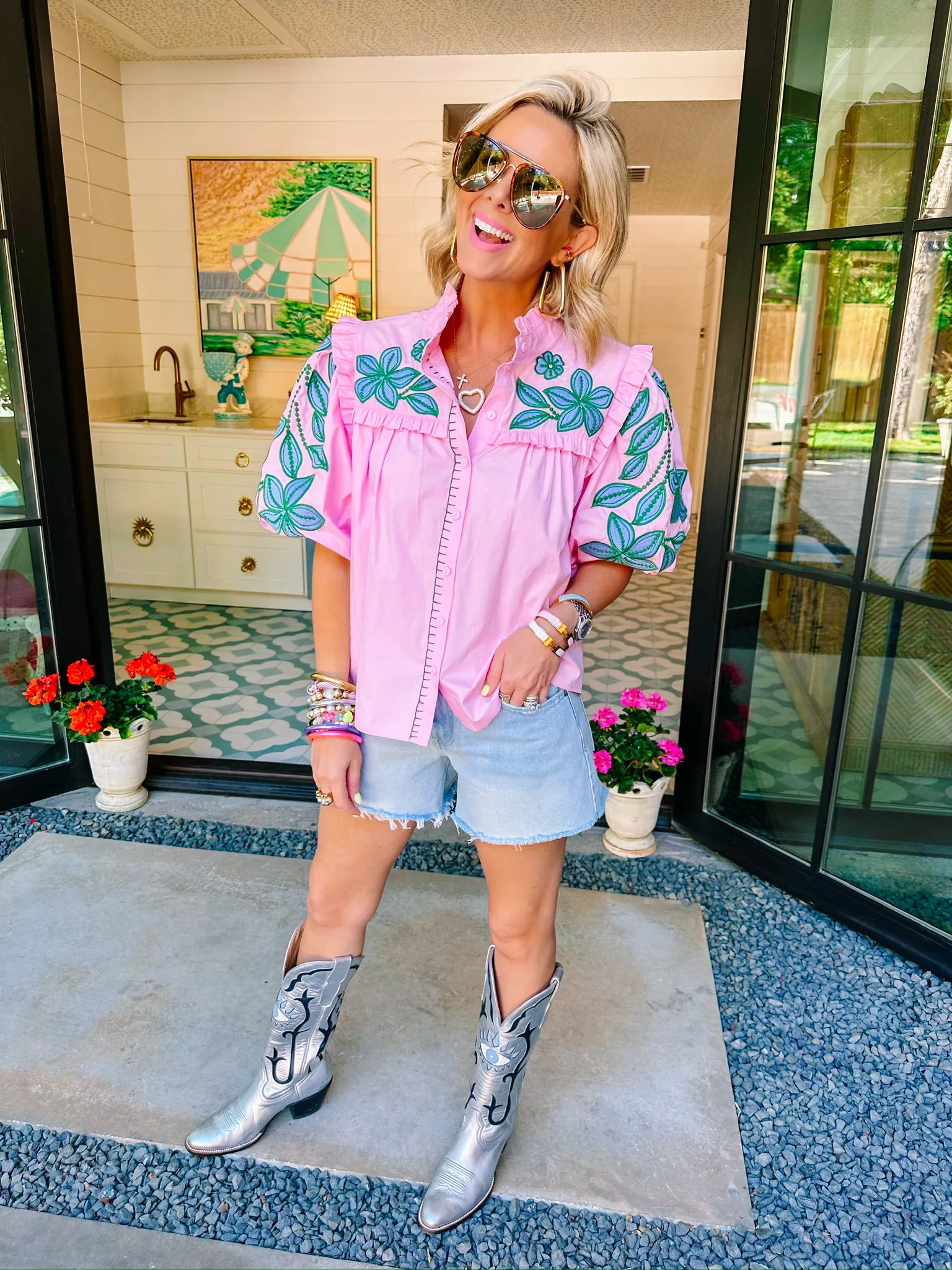 GARDEN FRESH FLORAL EMBROIDERED TOP - PINK