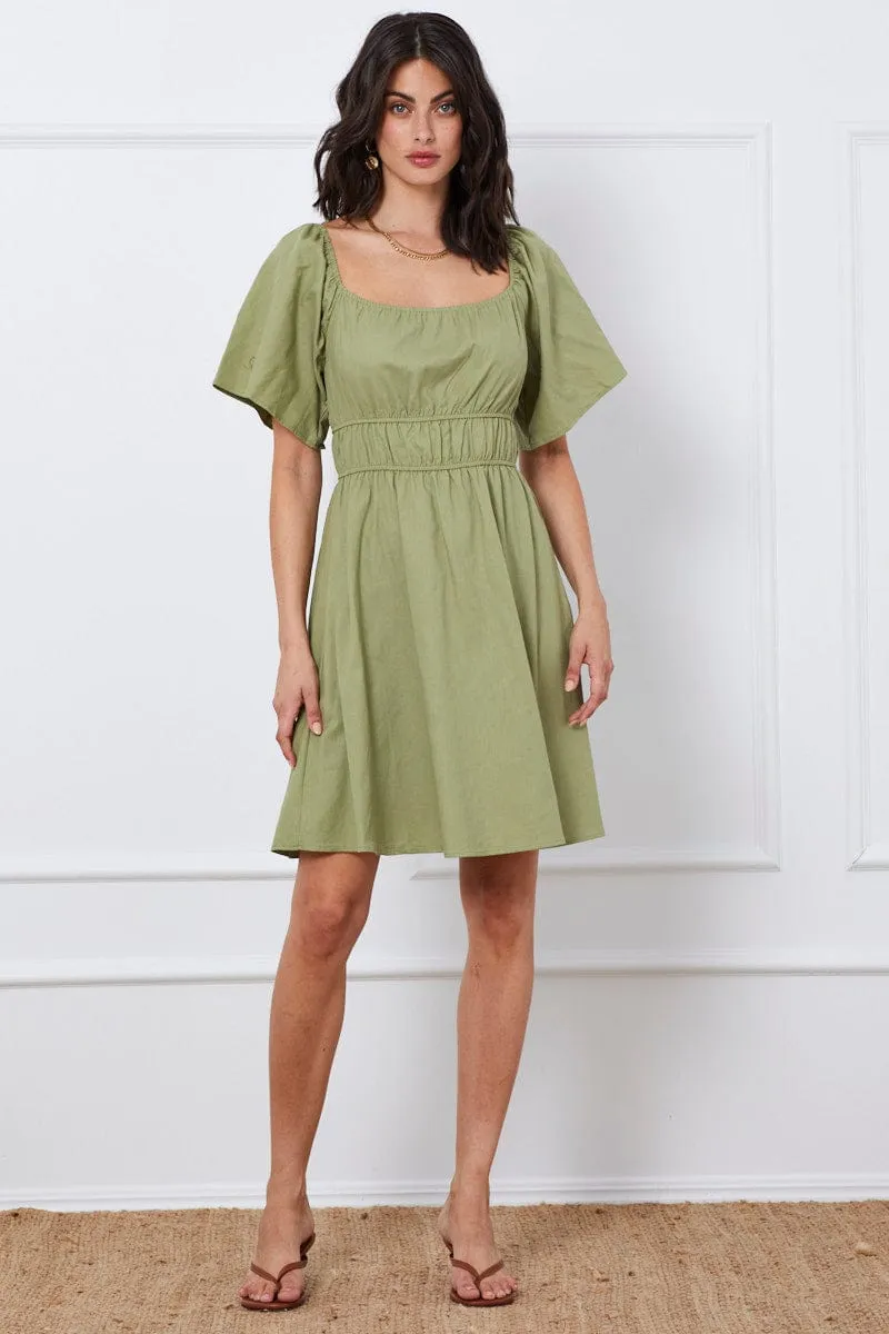 Green Mini Dress Short Sleeve Square Neck