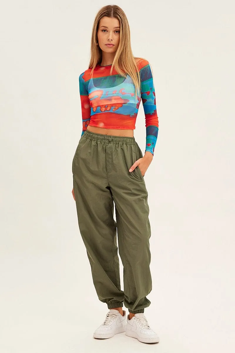 Green Parachute Cargo Pants Mid Rise