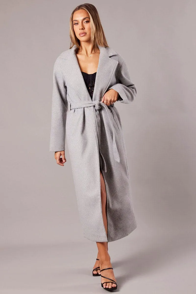 Grey Long Coat Long Sleeve Tie Front
