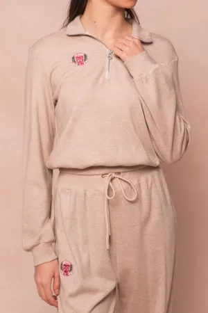 Ivy Half Zip Pullover Embroidered Sweatshirt in Oatmeal