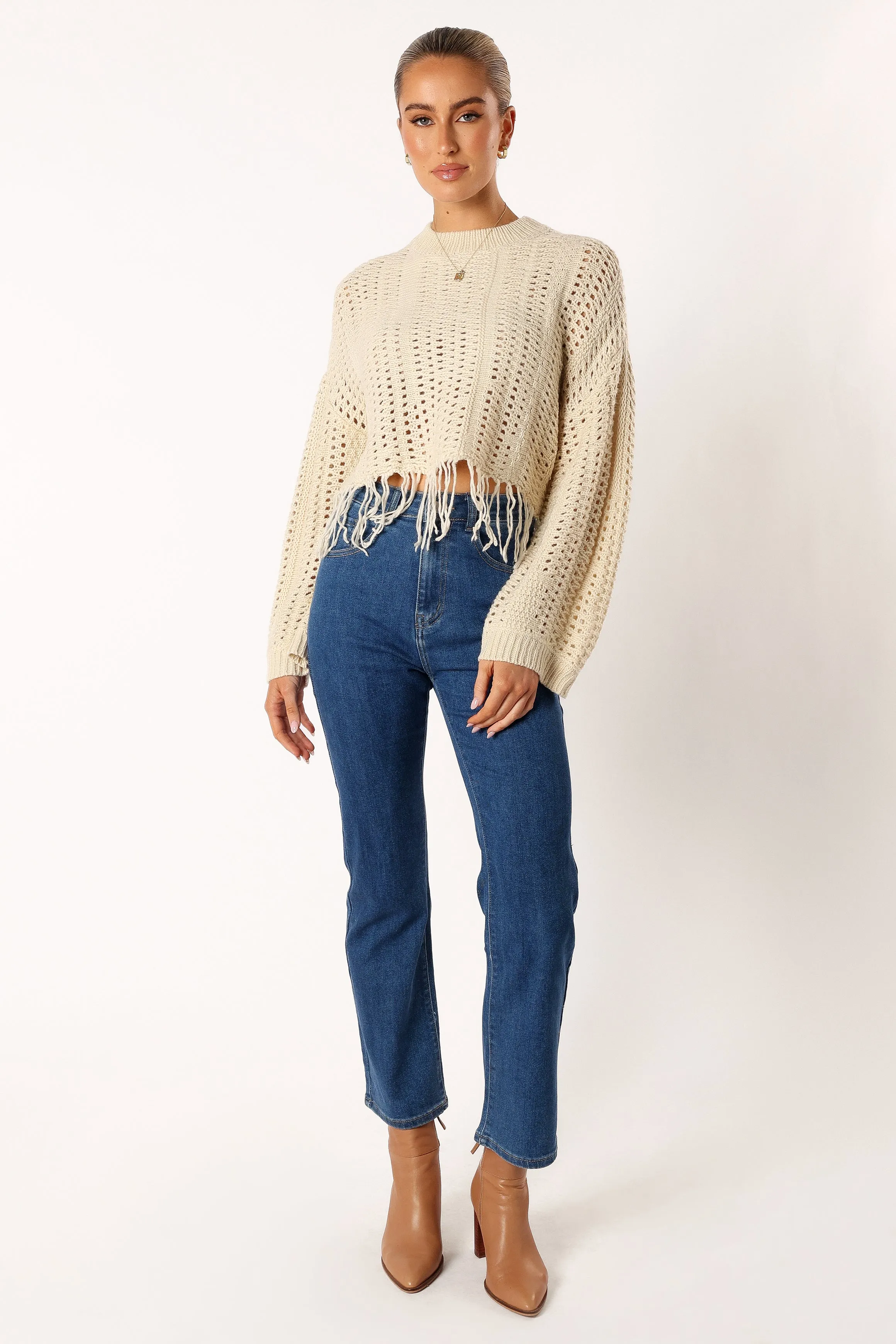 Katalina Fringe Crop Knit Sweater - Cream