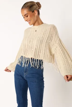 Katalina Fringe Crop Knit Sweater - Cream