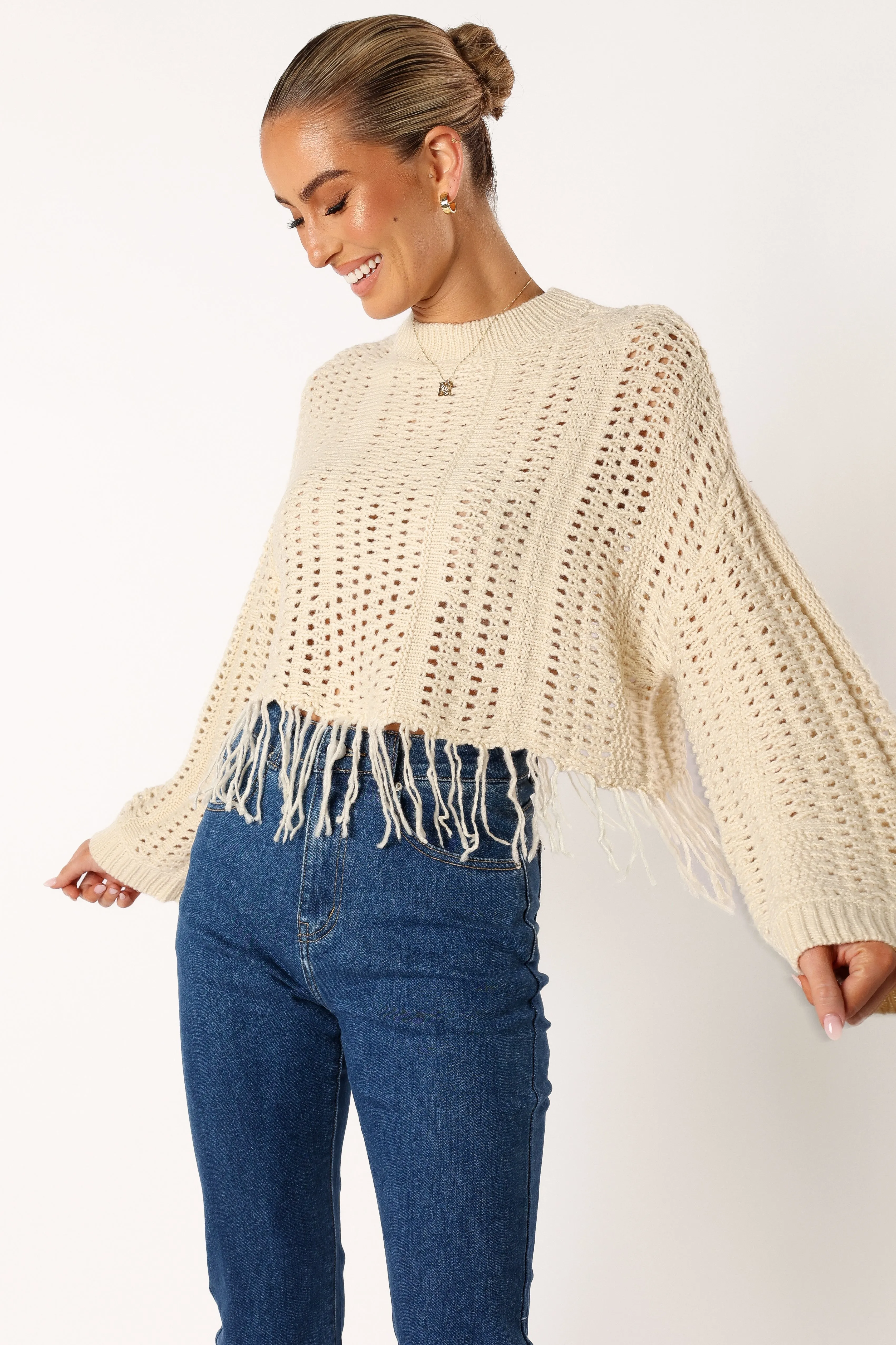 Katalina Fringe Crop Knit Sweater - Cream