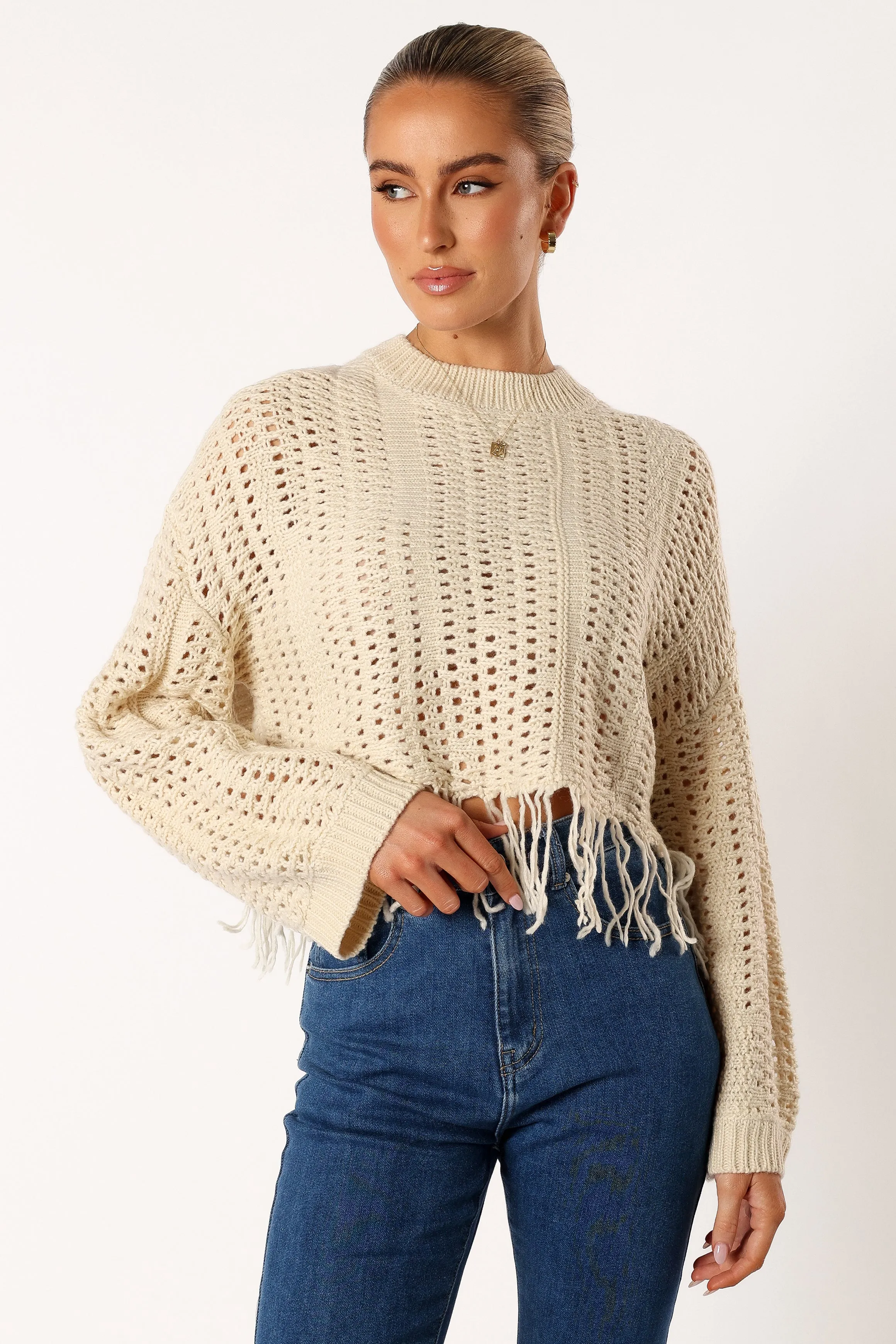 Katalina Fringe Crop Knit Sweater - Cream