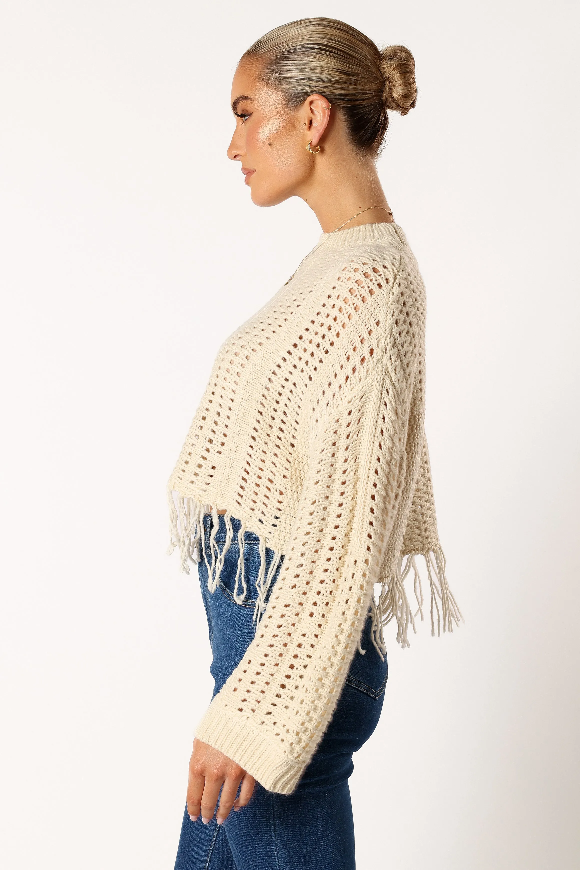 Katalina Fringe Crop Knit Sweater - Cream