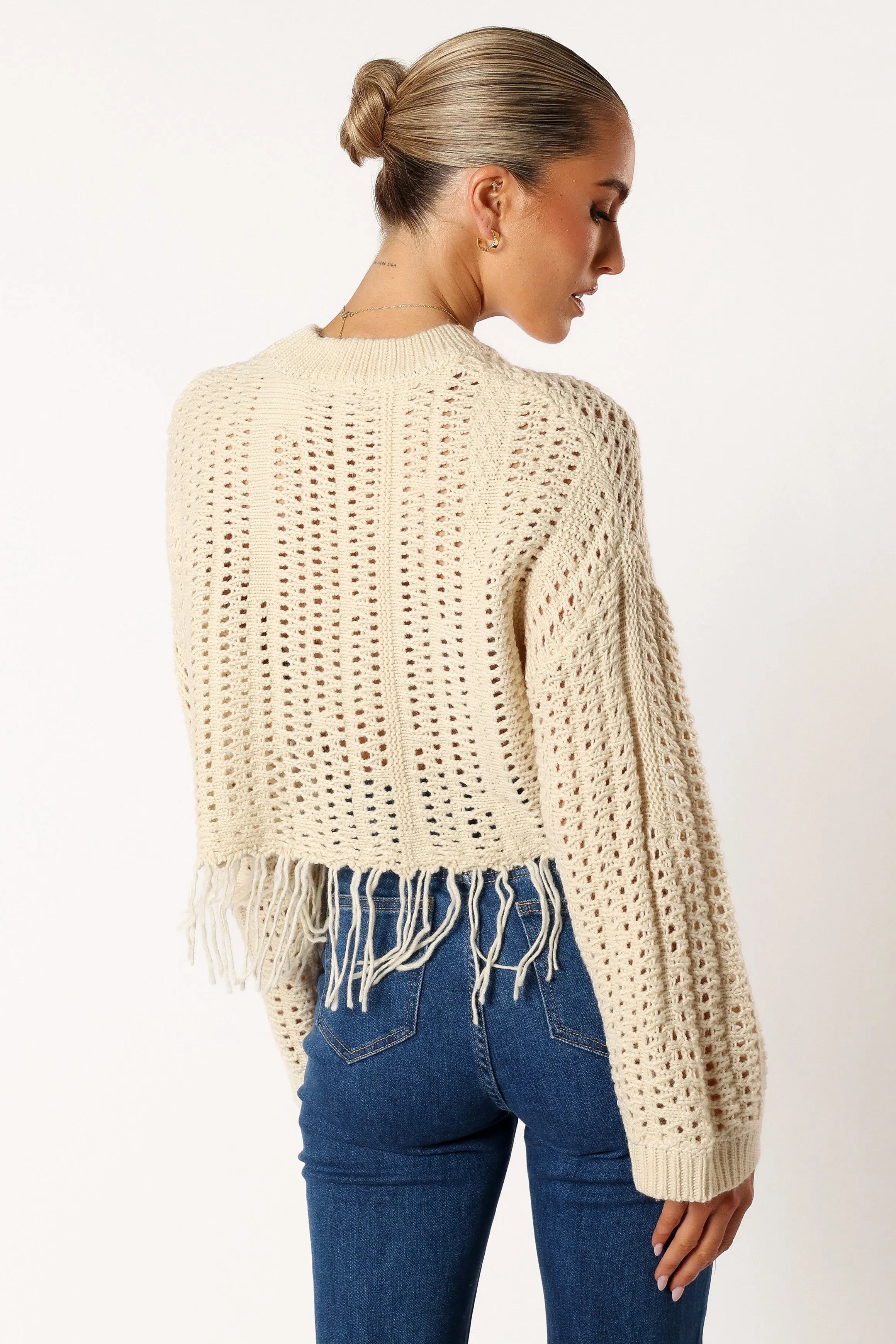 Katalina Fringe Crop Knit Sweater - Cream