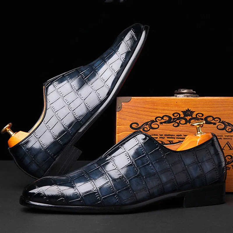 Leather Soft Sole Pointy Toe Crocodile Pattern Slip On Casual Dress Men Dress Shoes