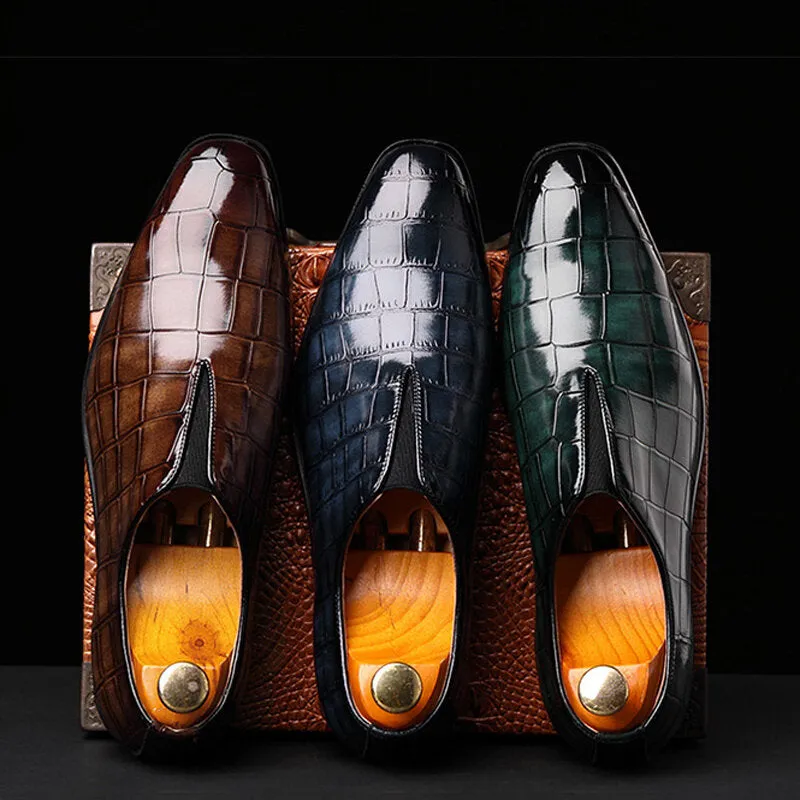 Leather Soft Sole Pointy Toe Crocodile Pattern Slip On Casual Dress Men Dress Shoes