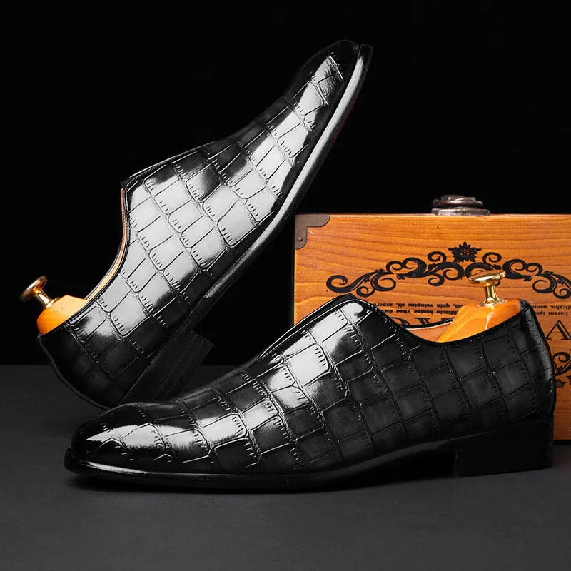Leather Soft Sole Pointy Toe Crocodile Pattern Slip On Casual Dress Men Dress Shoes