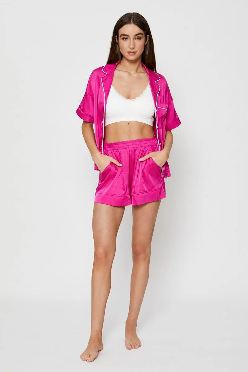 Pink Contrast Piping Pyjamas Set