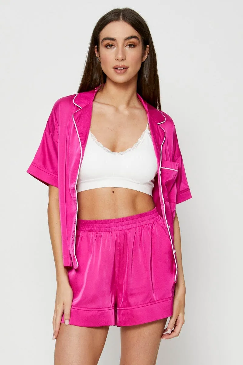 Pink Contrast Piping Pyjamas Set