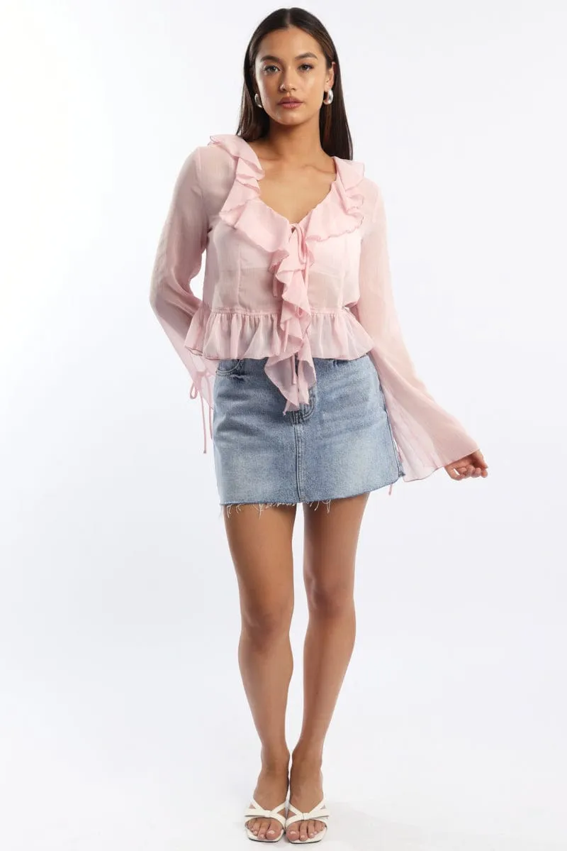 Pink Tie Up Top Long Sleeve V Neck Frilled Romantic