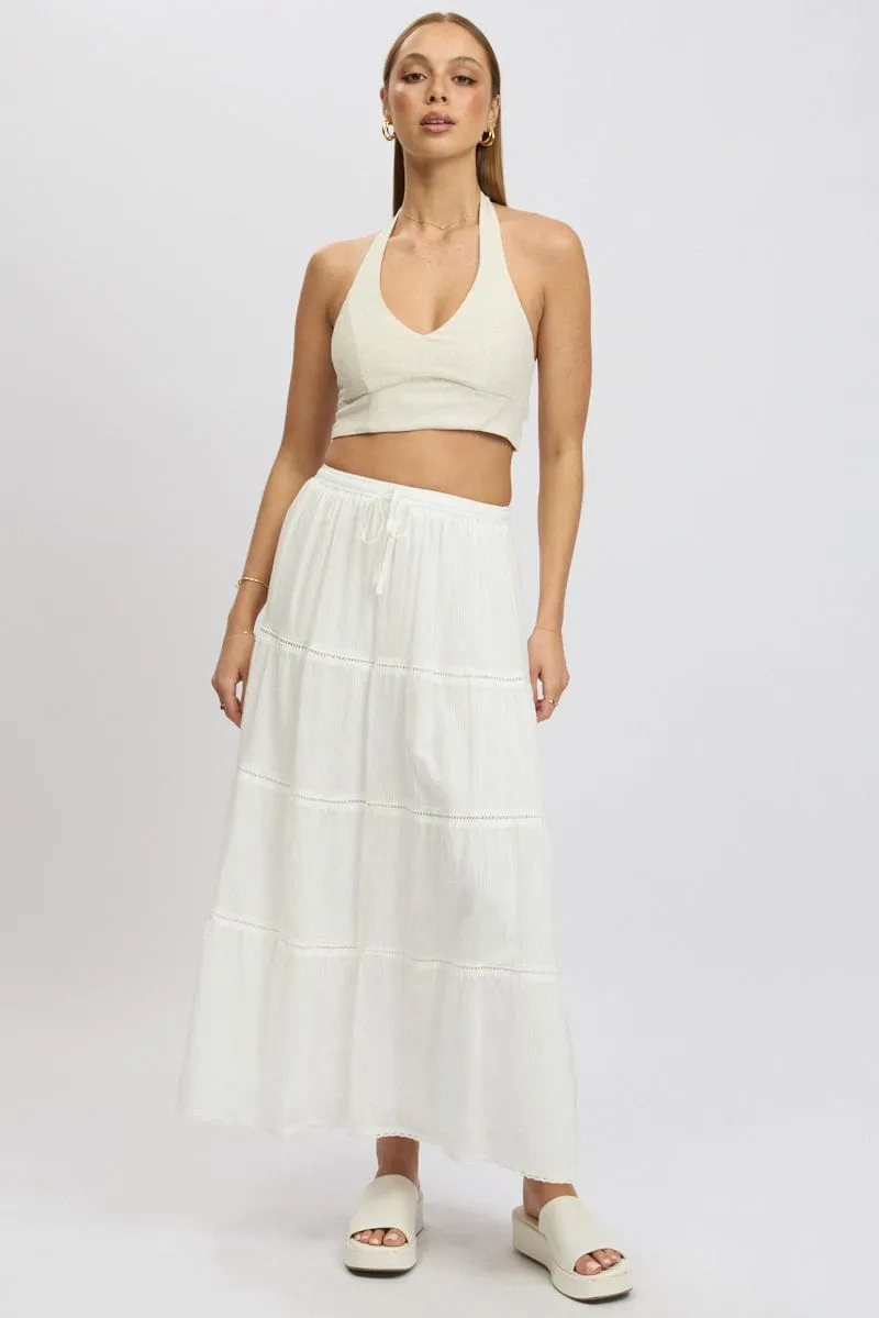 White Maxi Skirt Tiered High Rise Lace Trim