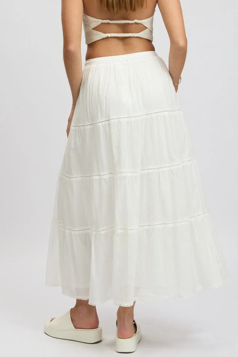 White Maxi Skirt Tiered High Rise Lace Trim