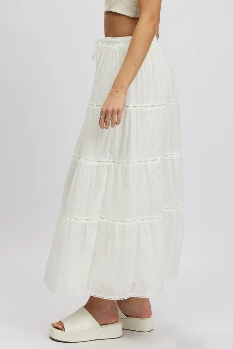 White Maxi Skirt Tiered High Rise Lace Trim