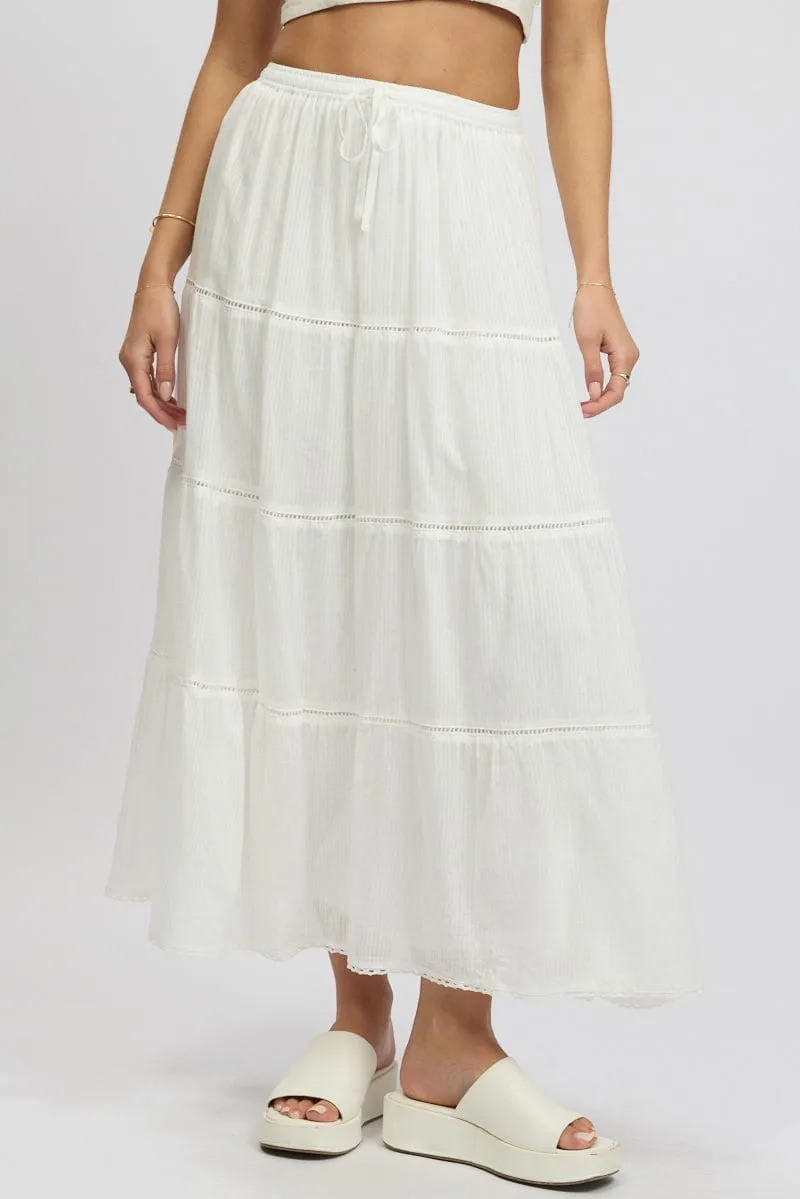 White Maxi Skirt Tiered High Rise Lace Trim