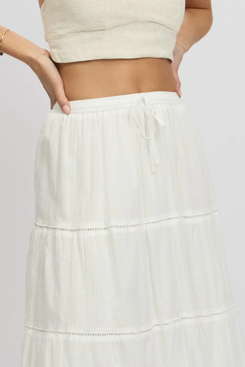 White Maxi Skirt Tiered High Rise Lace Trim
